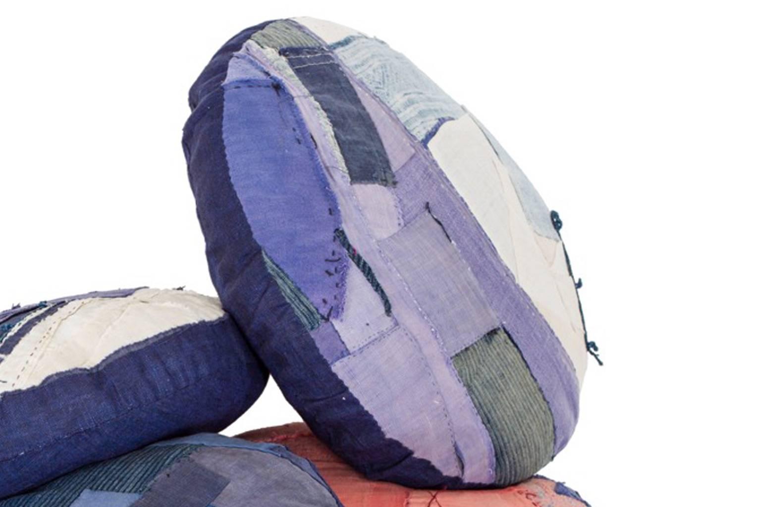 Cotton Boro Style Moon Phase, Round Cushion, Indigo and Resit Dye Pillow For Sale
