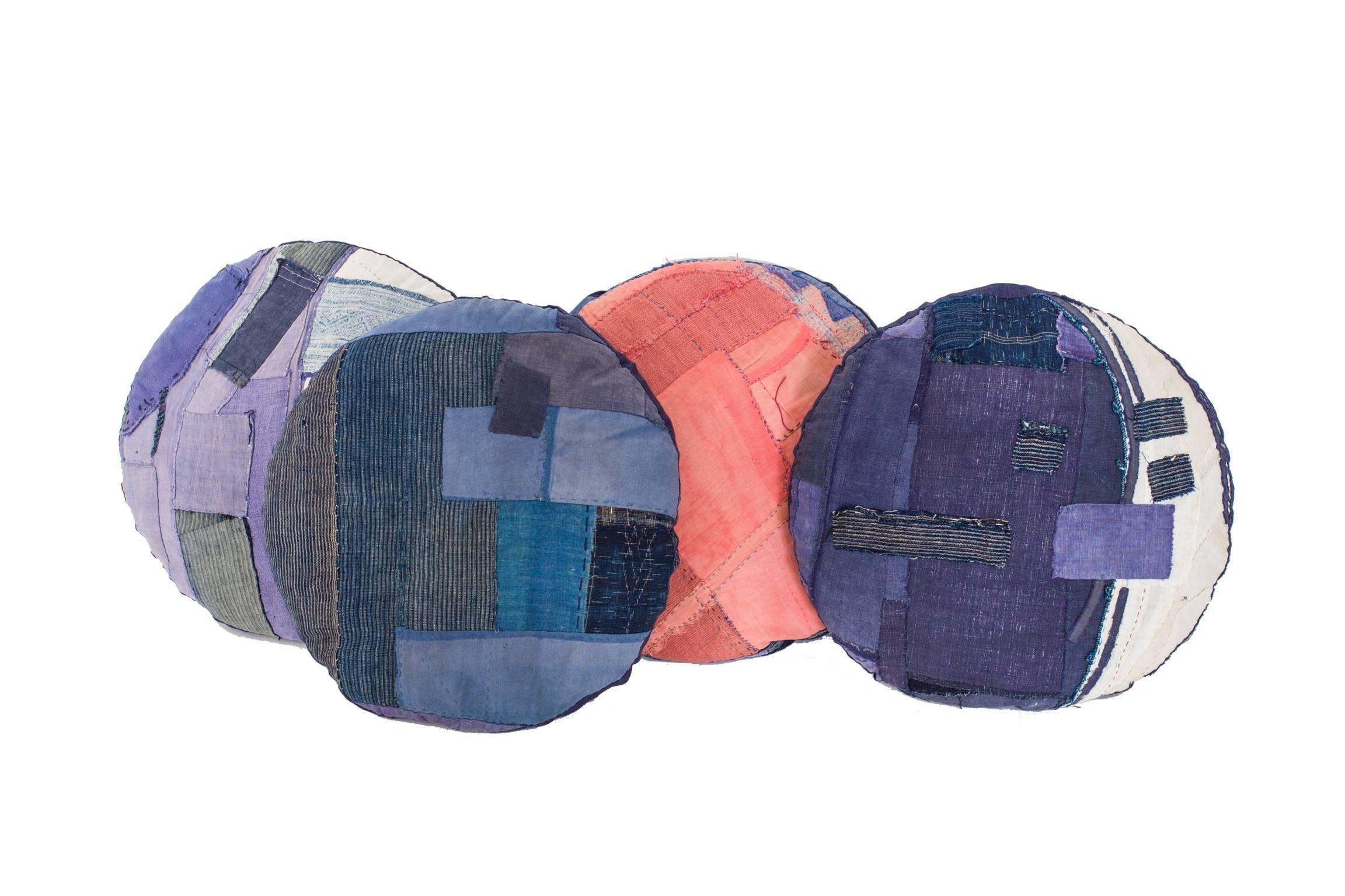 Boro Style Moon Phase, Round Cushion, Indigo and Resit Dye Pillow For Sale 3