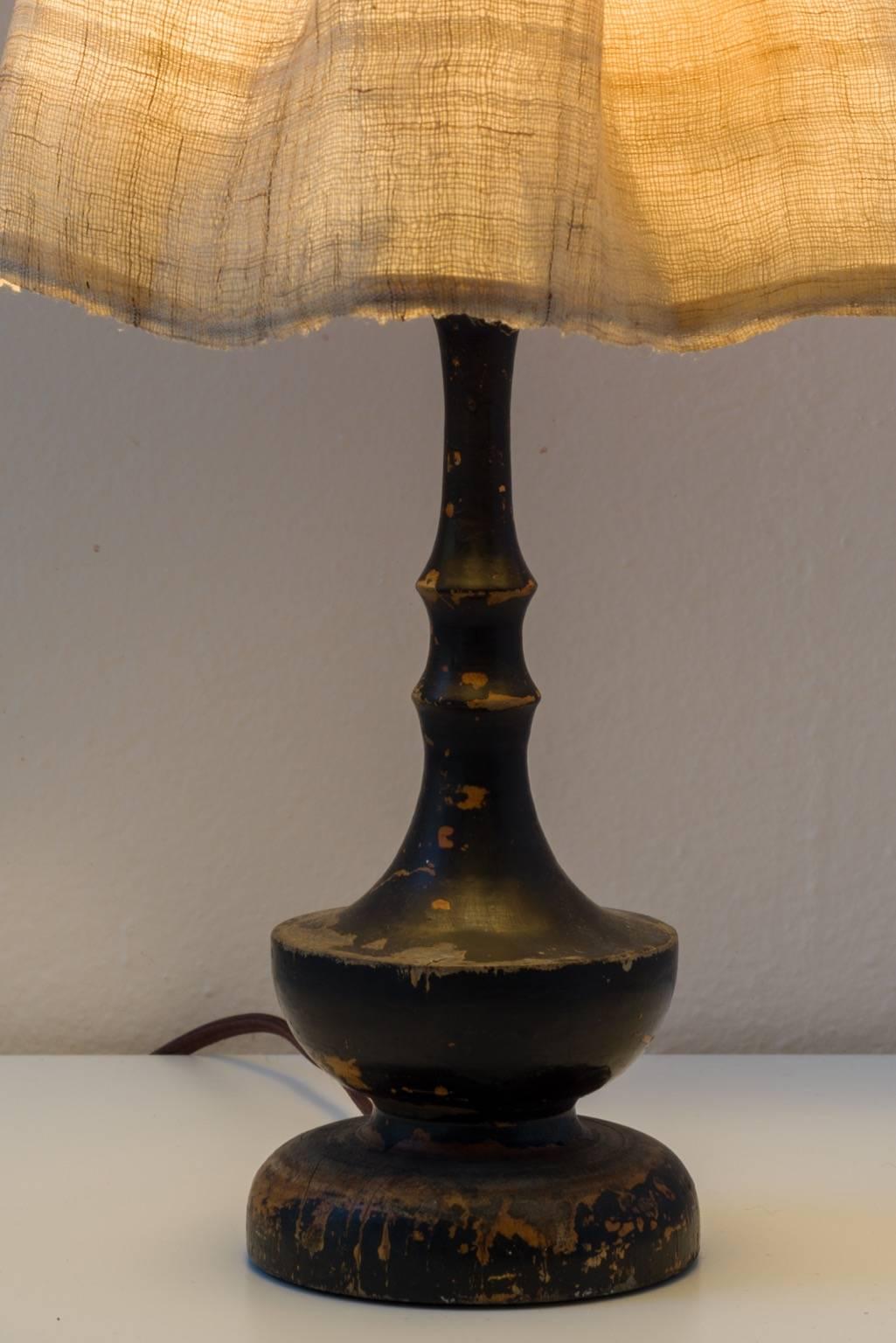 Painted Handsewn Hmong Hemp Lampshade with Vintage Turned Base