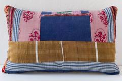 Ethnographic Textile Piecework Lumbar Pillow in Indigo, Gold, Red and Pink