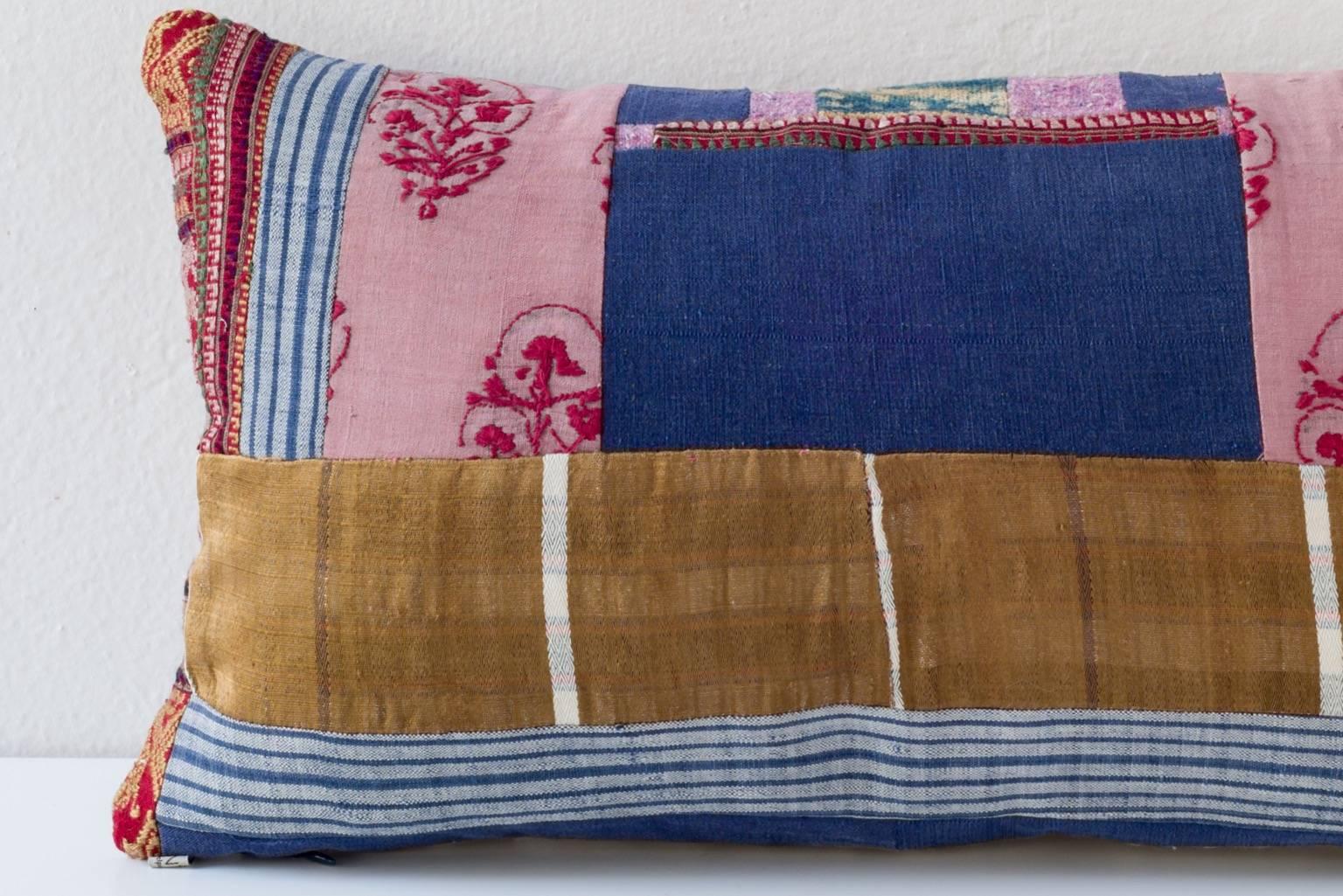 Asian Ethnographic Textile Piecework Lumbar Pillow in Indigo, Gold, Red and Pink
