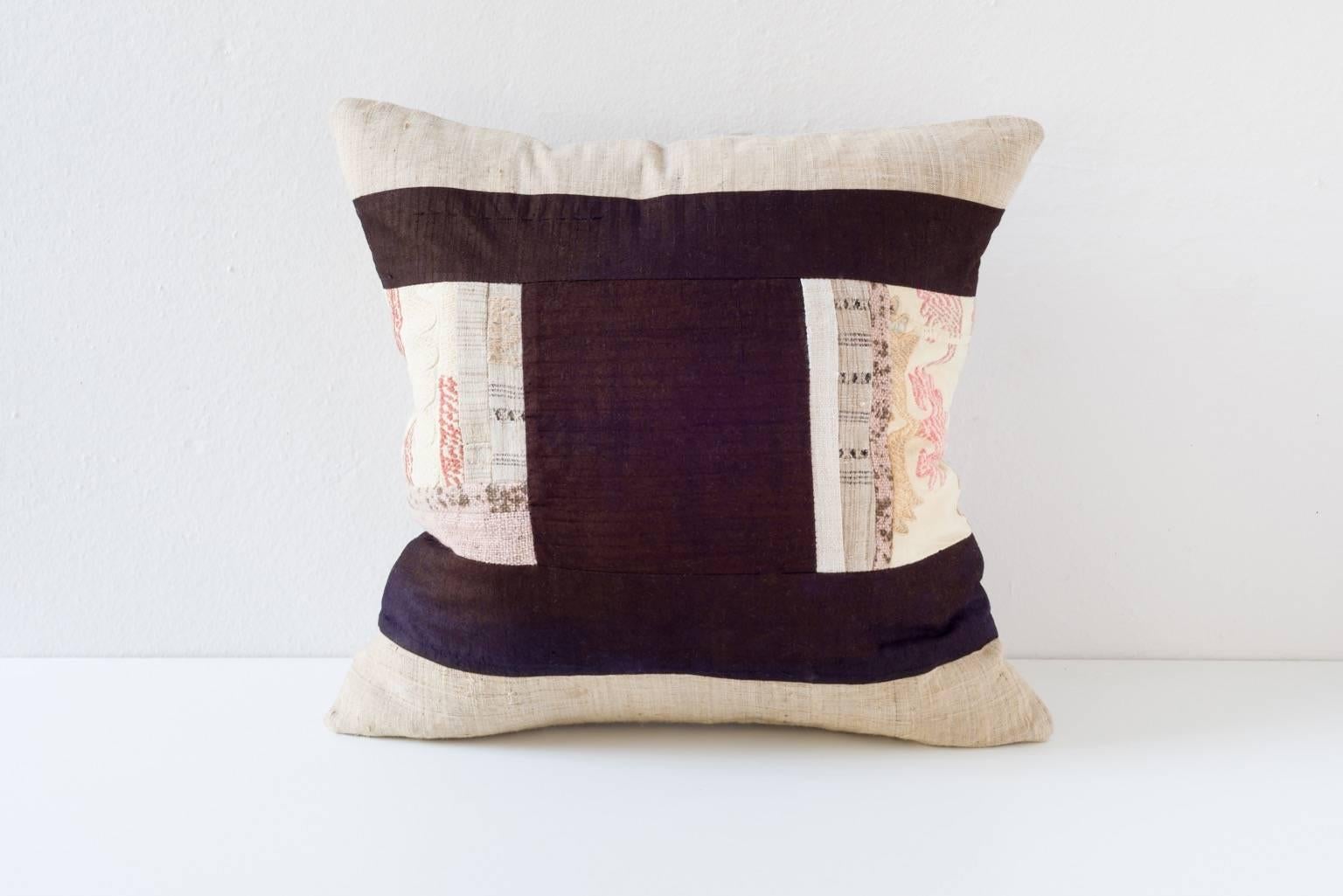 These bold pillows have central bands of Huang Ping County natural plant dyed cotton from vintage handwoven and pleated skirts with Miao handwoven hemp. These have been composed with Suzani textiles and Mali mud cloth along with contemporary linens