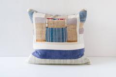 Vintage Textile Organic Modern Piecework Indigo and Hemp Pillow
