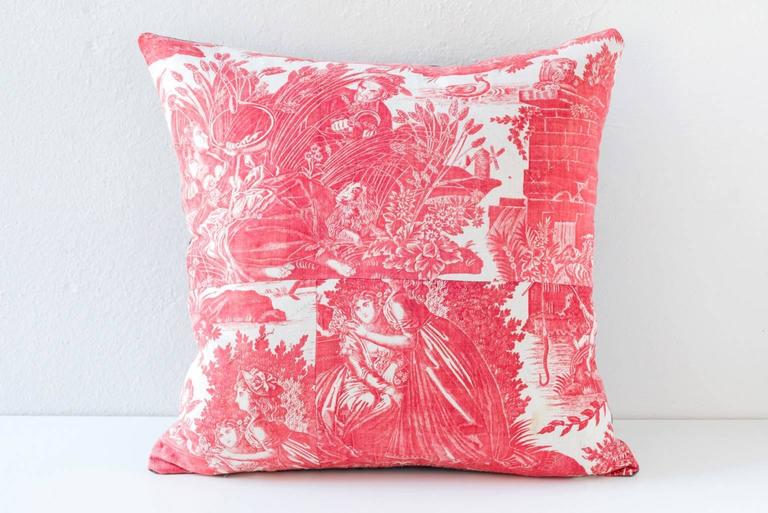 Toile de Jouy piecework pillow with original hand stitched quilting--antique Japanese heavy silk weave on the back. 

- 75/25 goose feather and down inserts.
- Concealed zippers.
- Check our 1stdibs storefront for pillows in coordinating