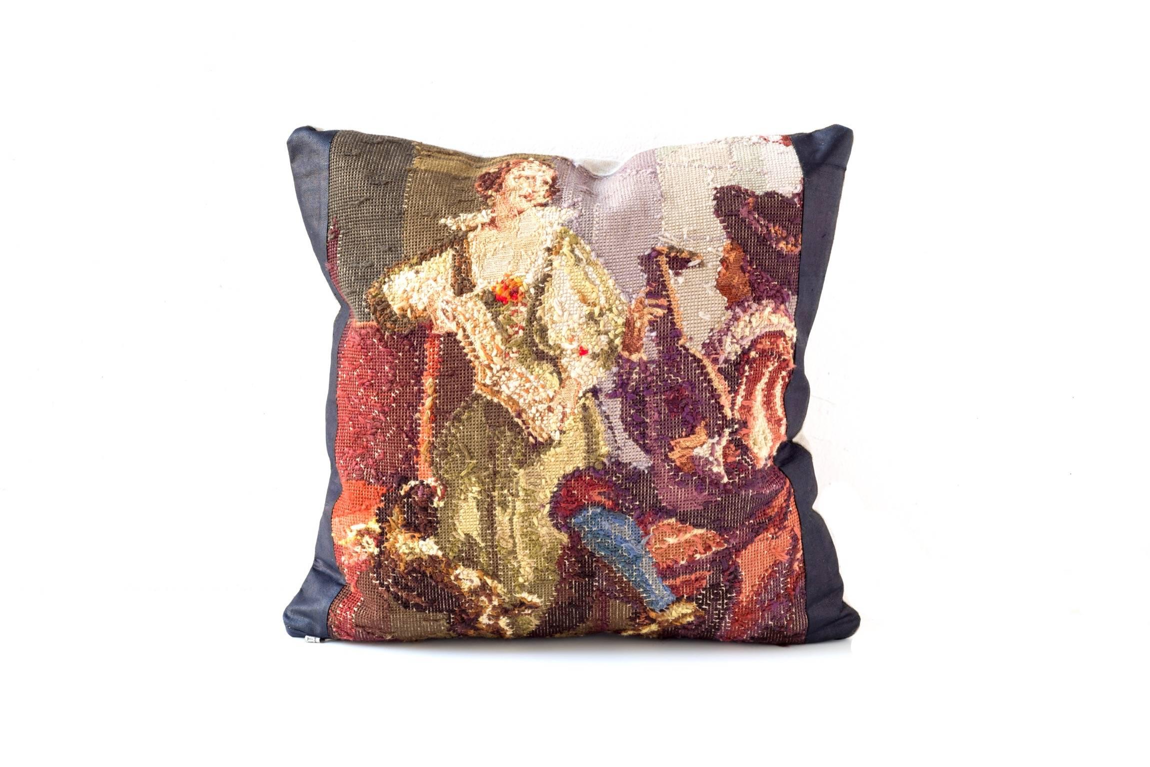 French Figural Reverse Needlepoint Cushion For Sale