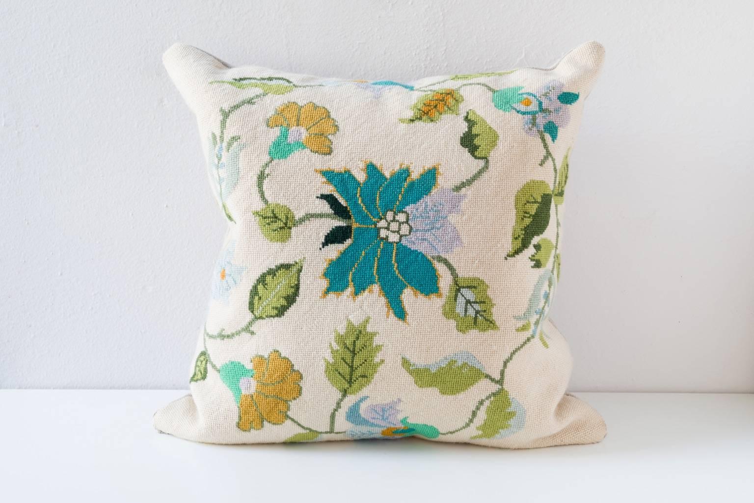 20th Century Needlepoint Cushion in Muted Greens For Sale