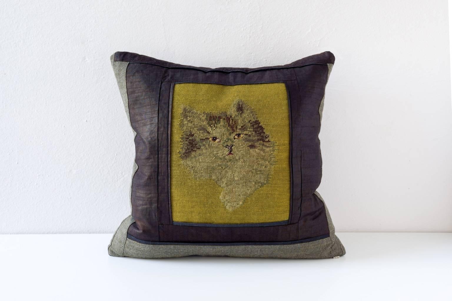 Hand-Woven Needlepoint Cushion in Muted Greens For Sale