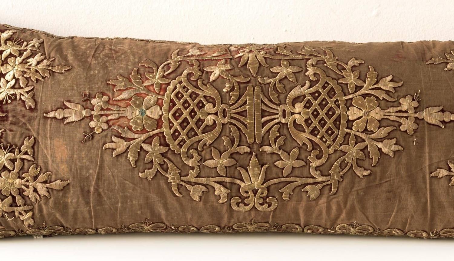 Antique Metal Work Embroidery Cushion, Long For Sale at 1stdibs
