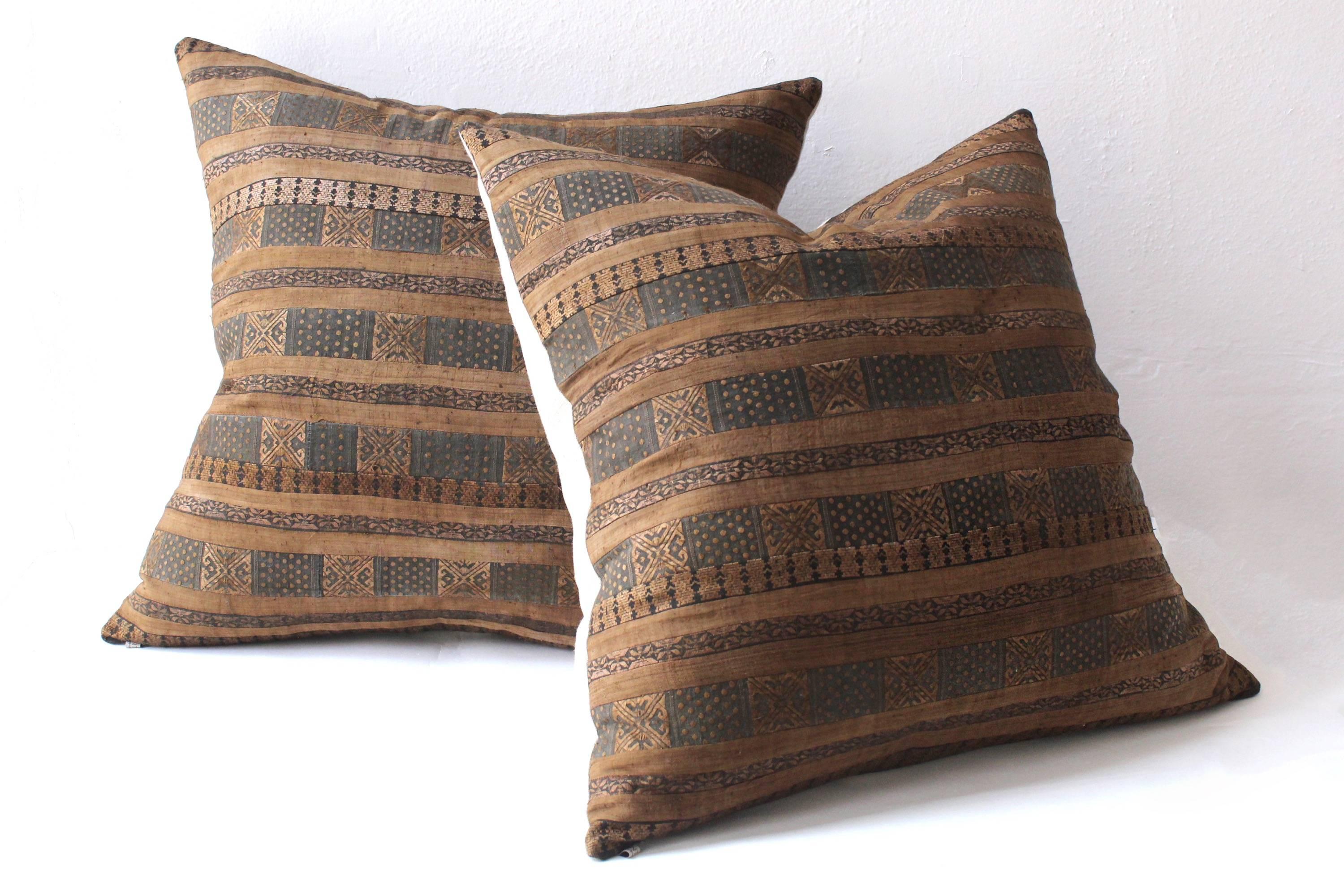 Chinese Bronze Stripe Huang Ping Textile Cushion, Large Square For Sale