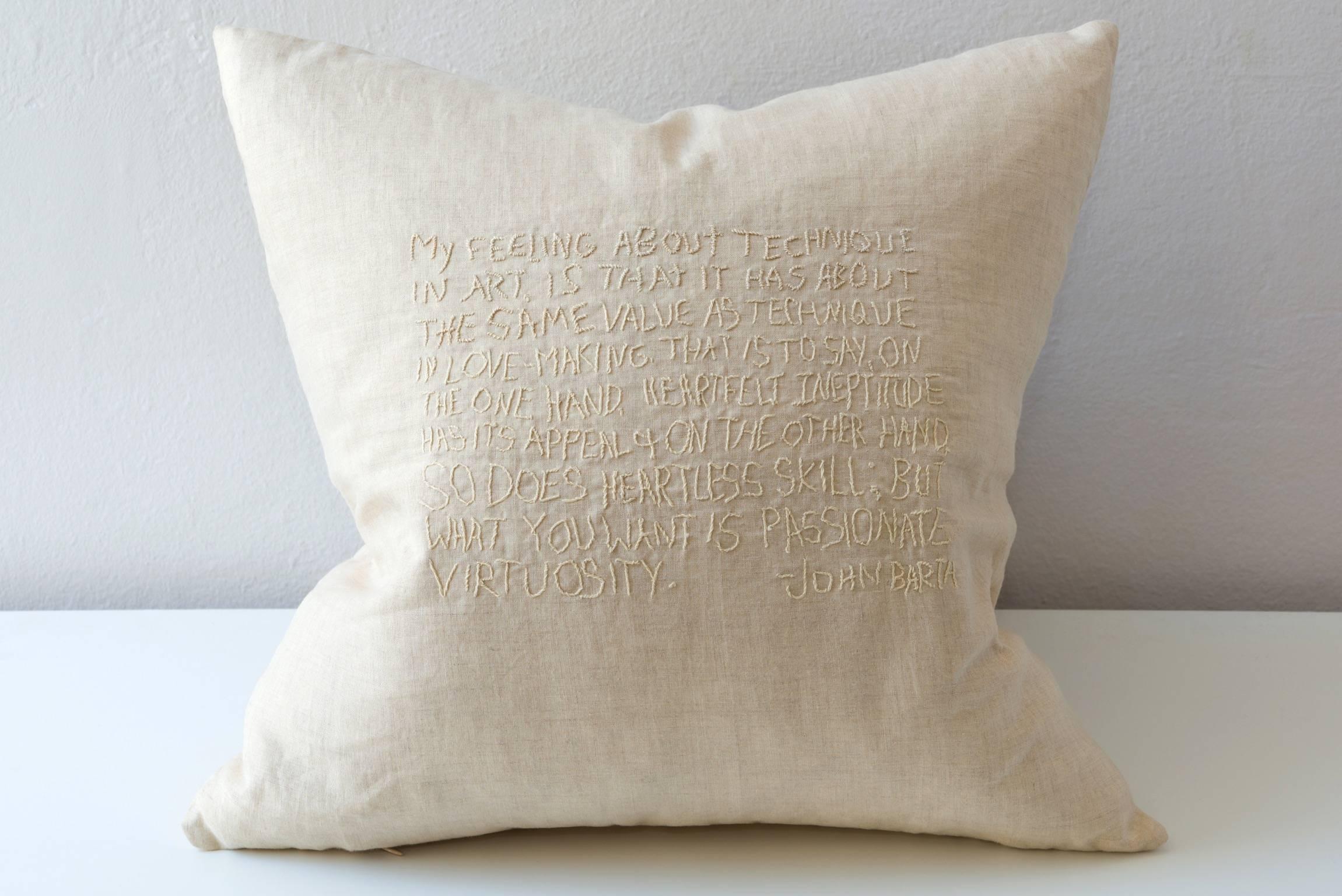 Cotton Embroidered Text Cushion John Barth For Sale
