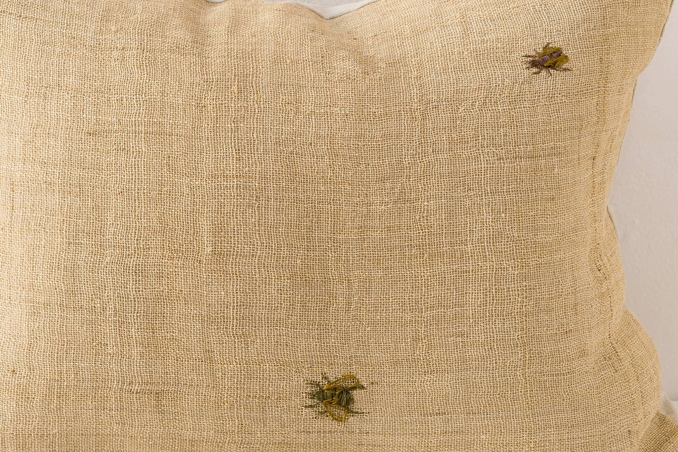 Finely Embroidered Bee Cushions -- Silk on Hemp  In Excellent Condition For Sale In Los Angeles, CA