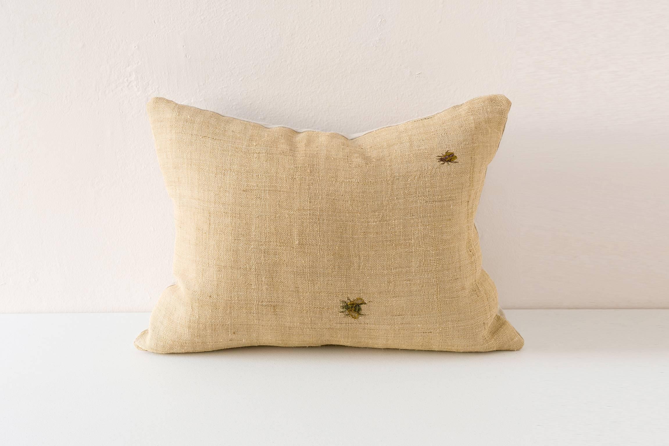 Hand-Woven Finely Embroidered Bee Cushions -- Silk on Hemp  For Sale