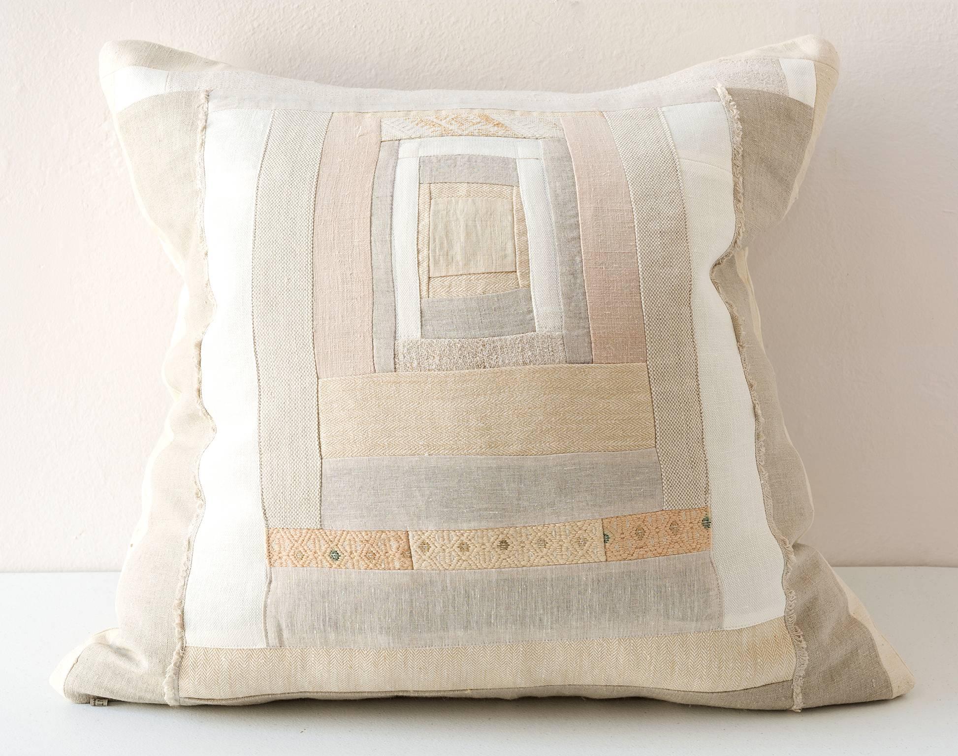 Two tonal colored cushions. A piecework composition inspired by San Geremia church in Venice. Vintage and contemporary linens and cottons: Europe, Japan, China. 

Linen on reverse - see image
75/25 goose feather and down inserts.
Concealed