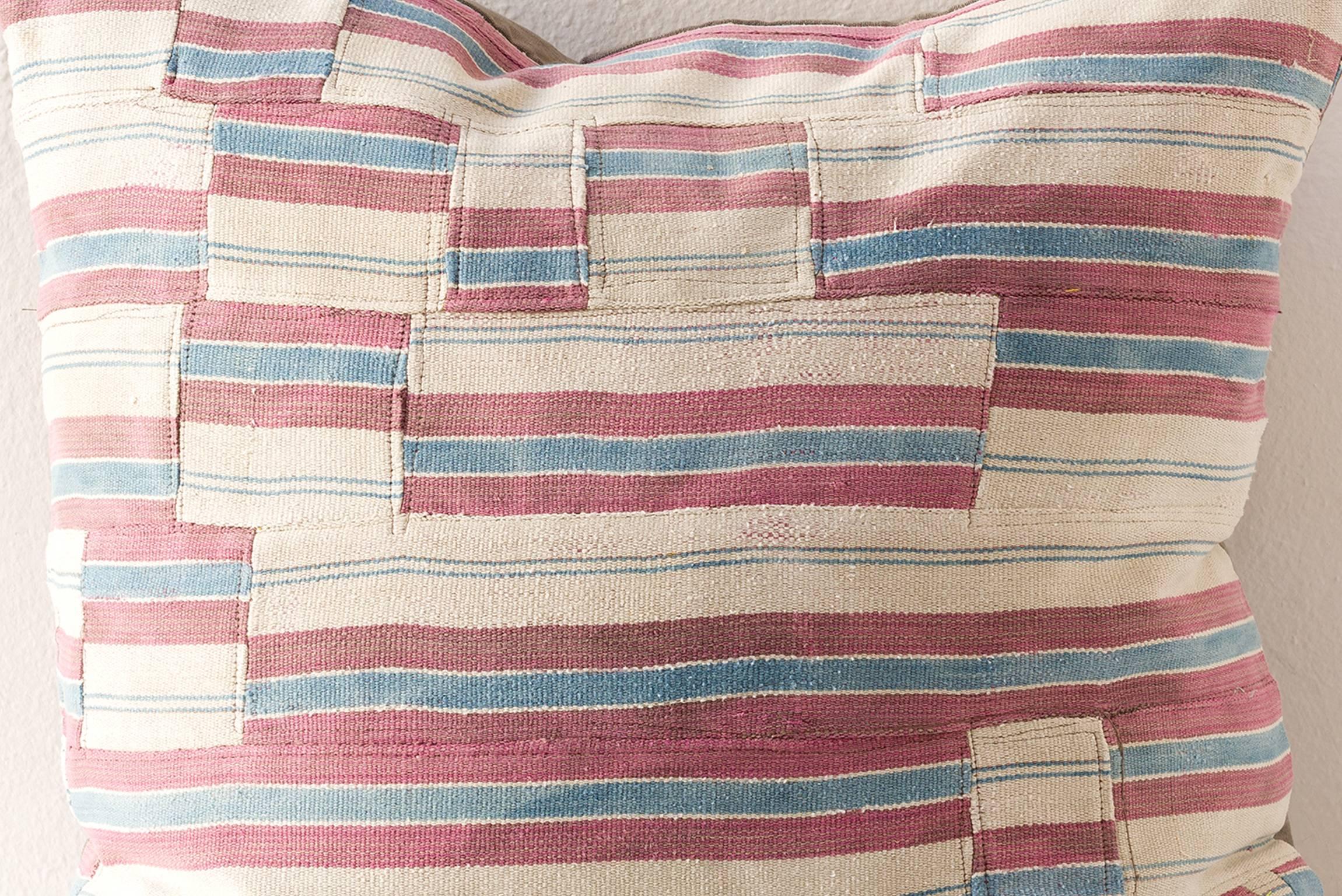 Sierra Leonean Stripwoven Cloth Cushion Off-White, Blue and Mauve  For Sale