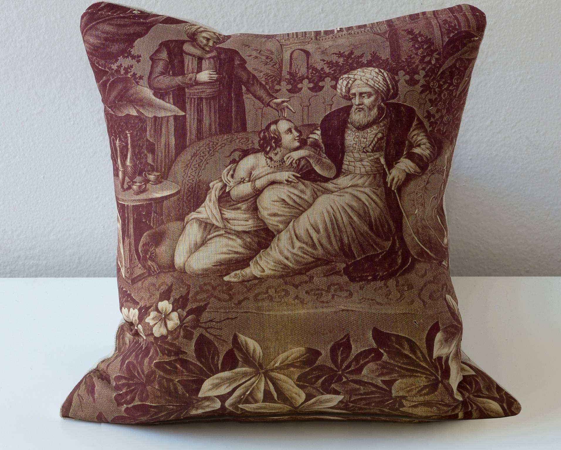 French 19th Century Orientalist Narrative Cushion, Toile de Nantes, Small For Sale