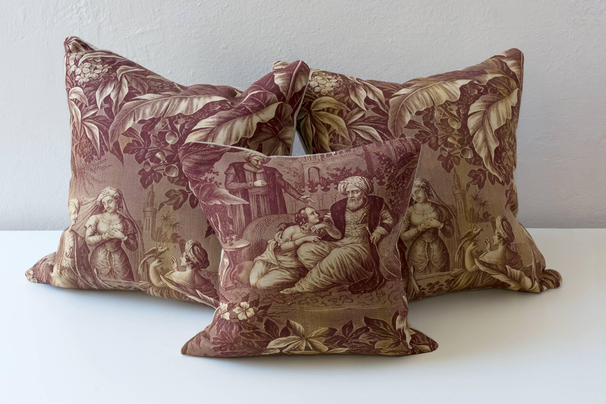 Cotton 19th Century Orientalist Narrative Cushion, Toile de Nantes, Small For Sale