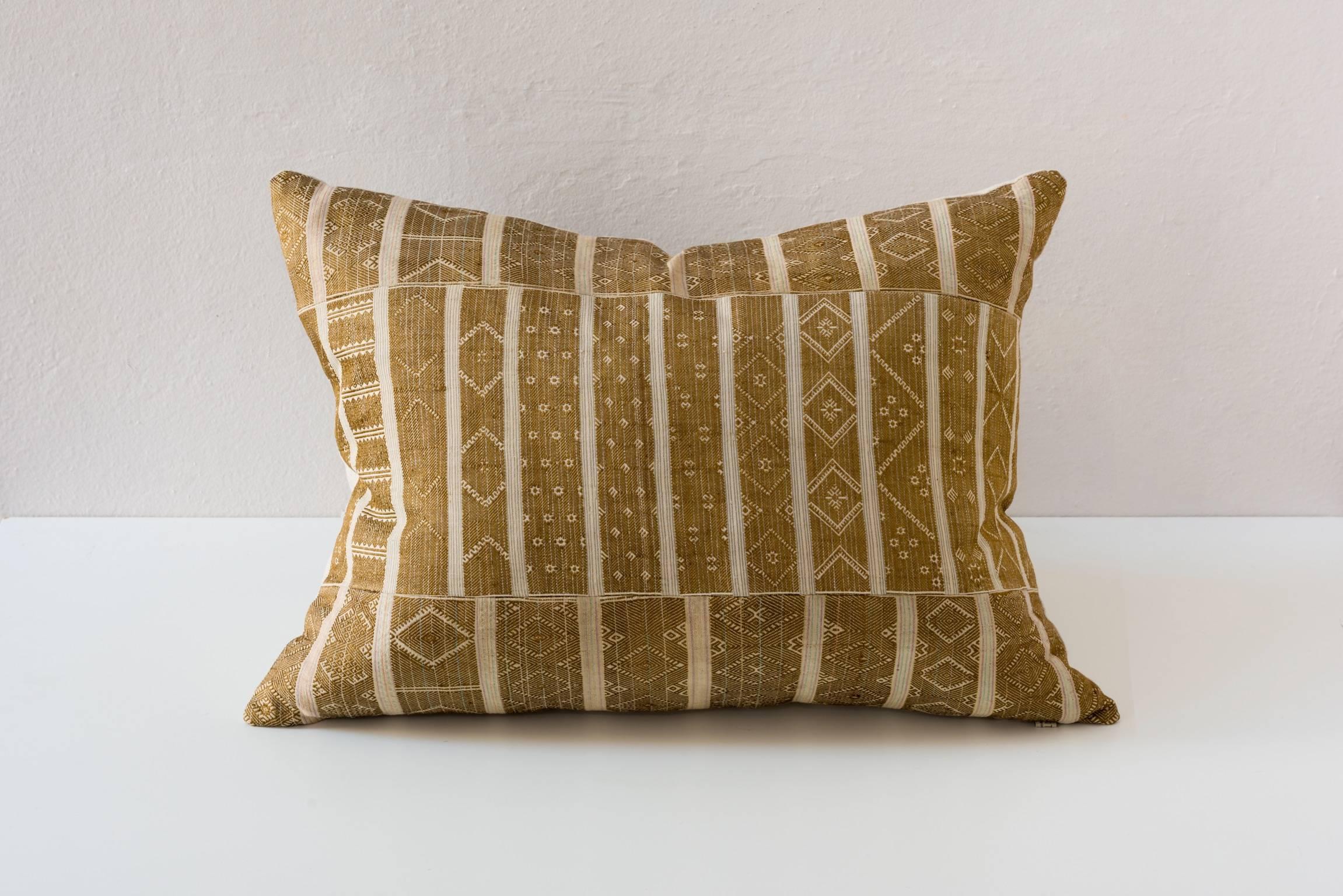 Hand-Woven Vintage Miao Hand-Loomed Cushions in Gold with Geometric Motifs For Sale