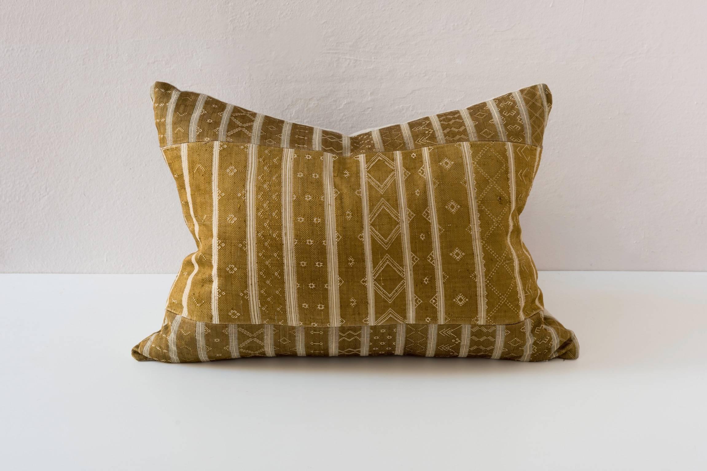 Cotton Vintage Miao Hand-Loomed Cushions in Gold with Geometric Motifs For Sale