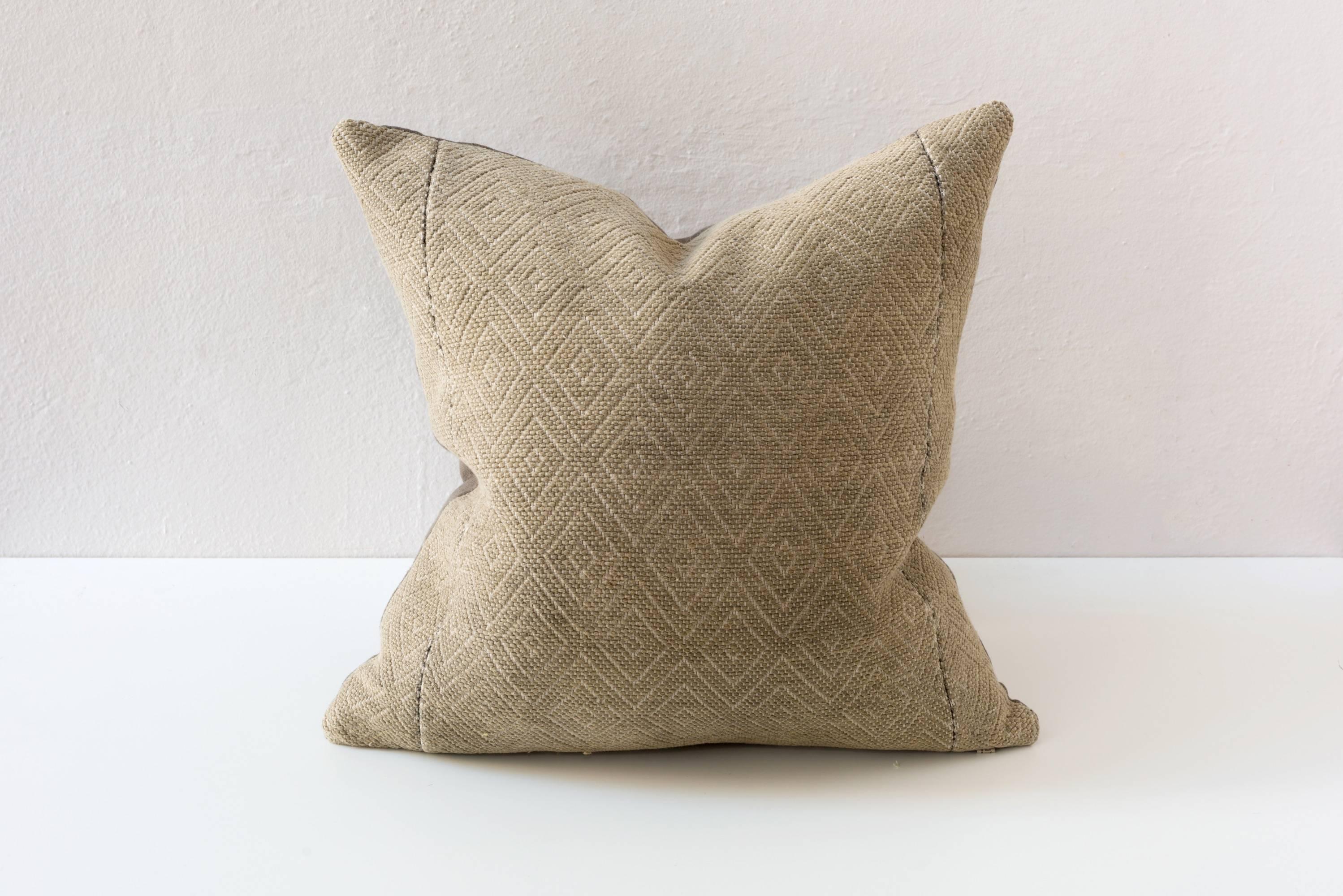 Hand-Woven Vintage Dowry Textile Cushion in a Diamond Pattern, Pale Grey