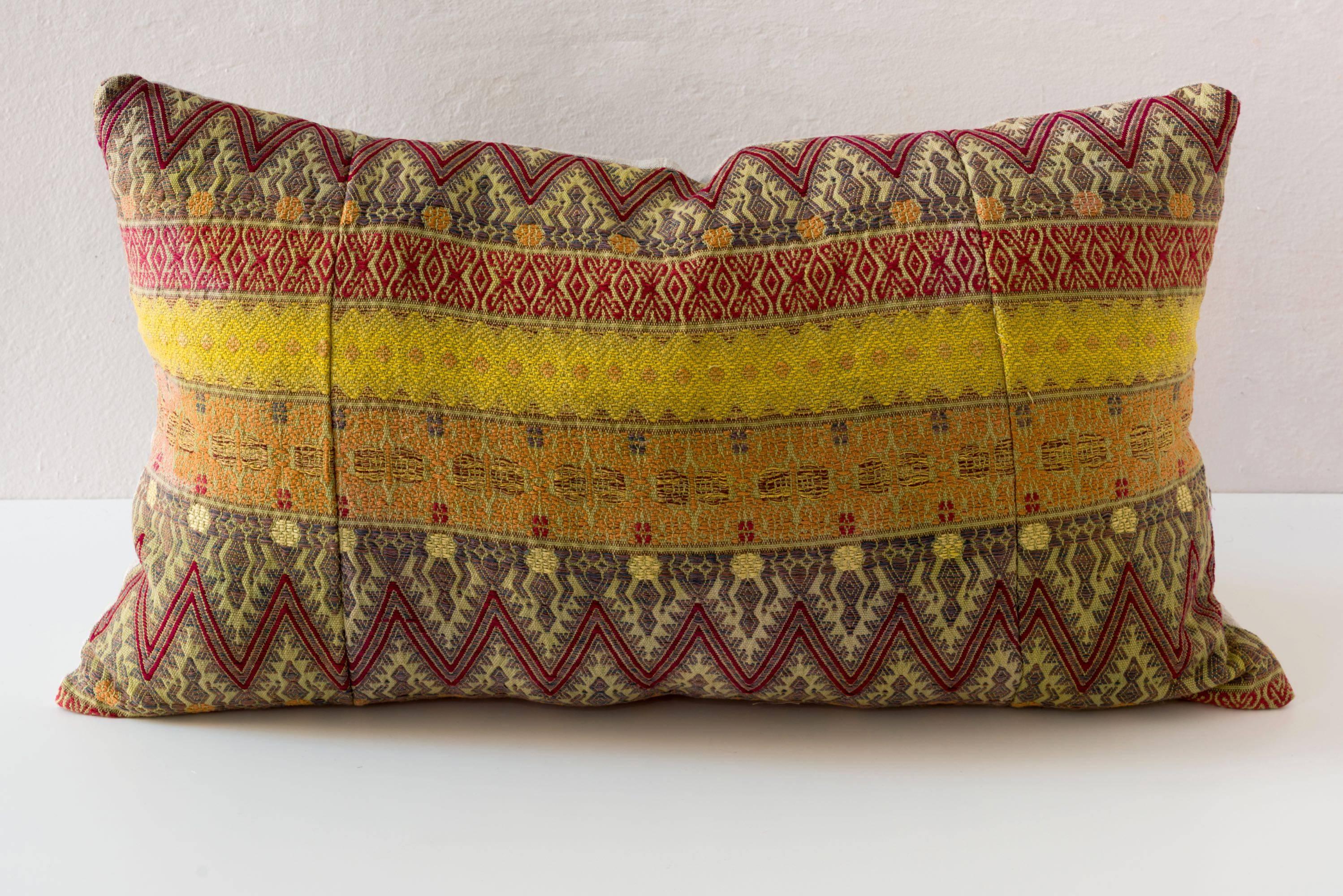 Mexican Contemporary Artisan Hand-Loomed Pillows, Yellow Pumpkin Olive Maroon For Sale