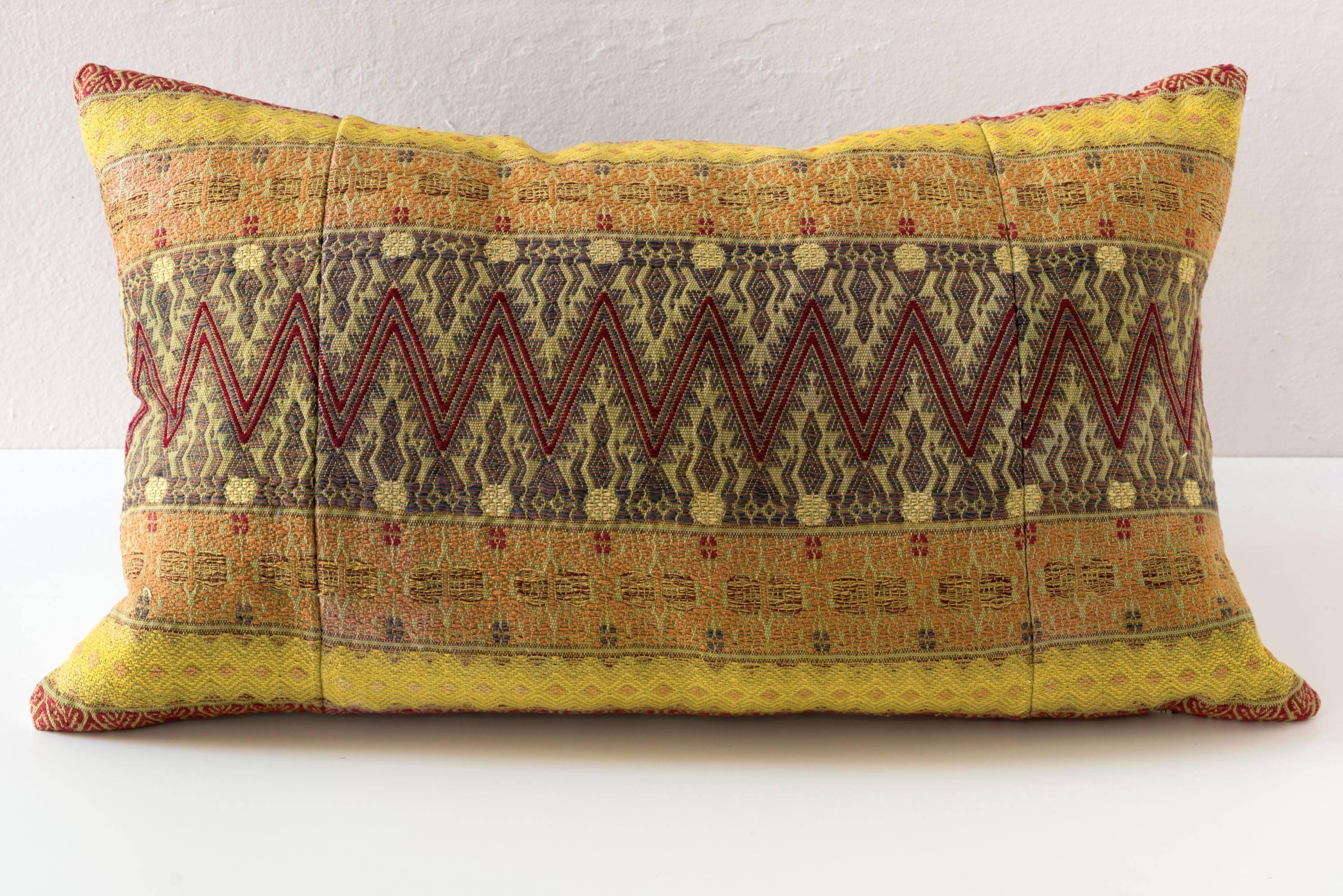 Hand-Woven Contemporary Artisan Hand-Loomed Pillows, Yellow Pumpkin Olive Maroon For Sale