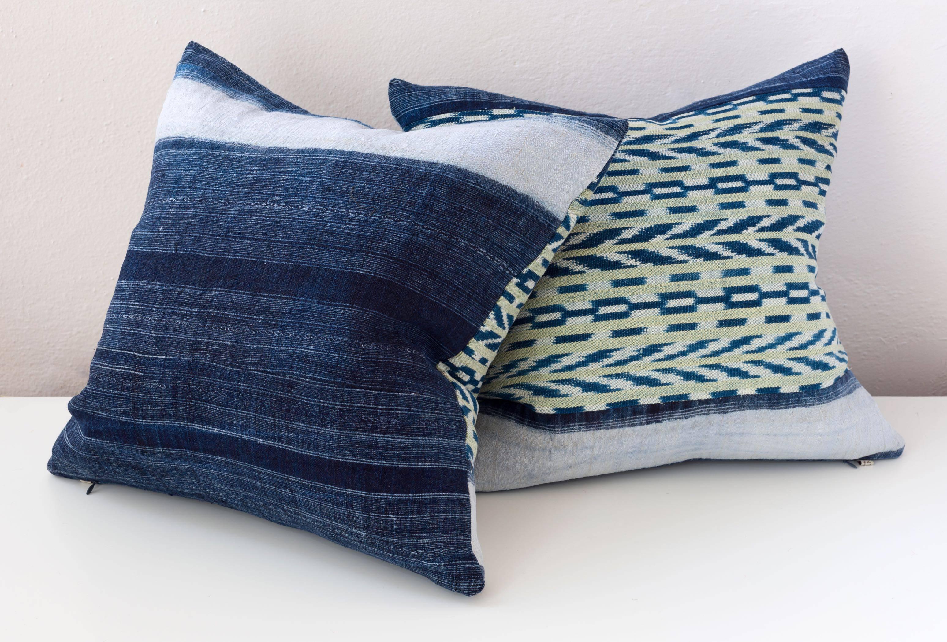Pillow, Dong Indigo Stripe with Guatemalan Panels in Blue and Yellow In Excellent Condition For Sale In Los Angeles, CA