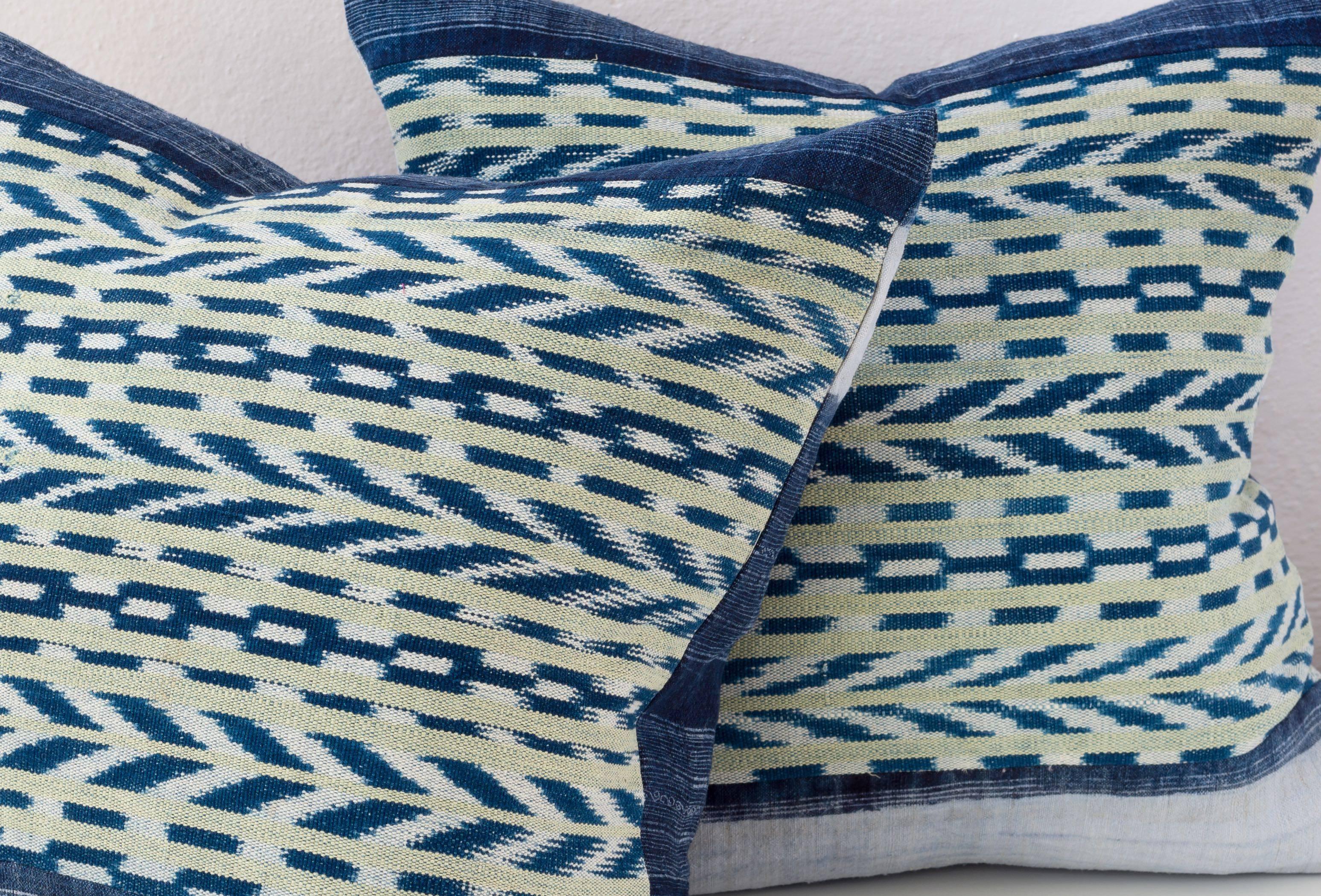 Hand-Woven Pillow, Dong Indigo Stripe with Guatemalan Panels in Blue and Yellow For Sale