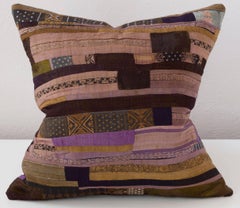 Vintage Miao Piecework Textile Cushion in Brown, Black, Gold, Bronze and Violet