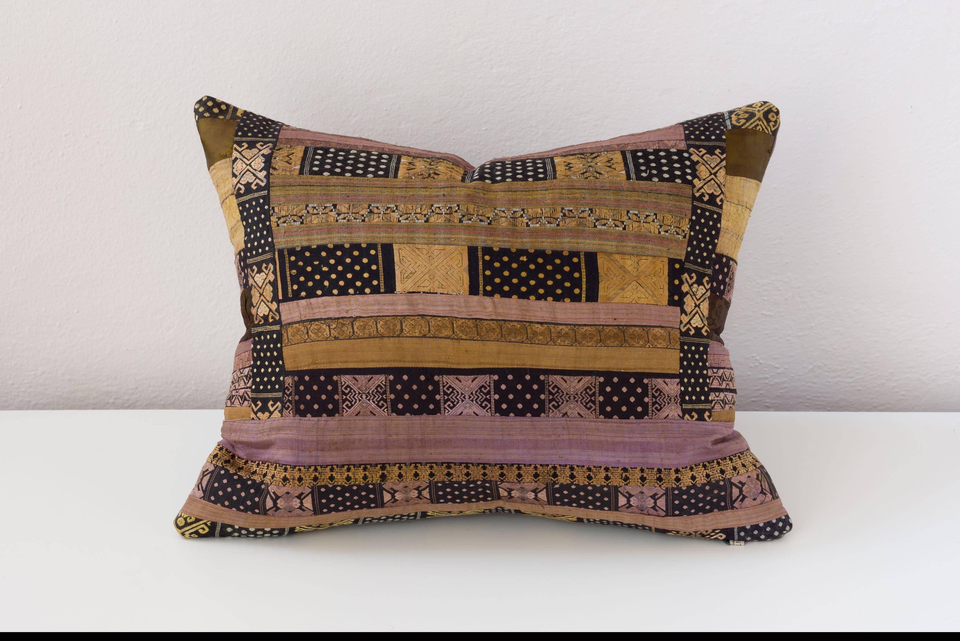Chinese Bronze and Black with Violet Silk Embroidery Cushion For Sale