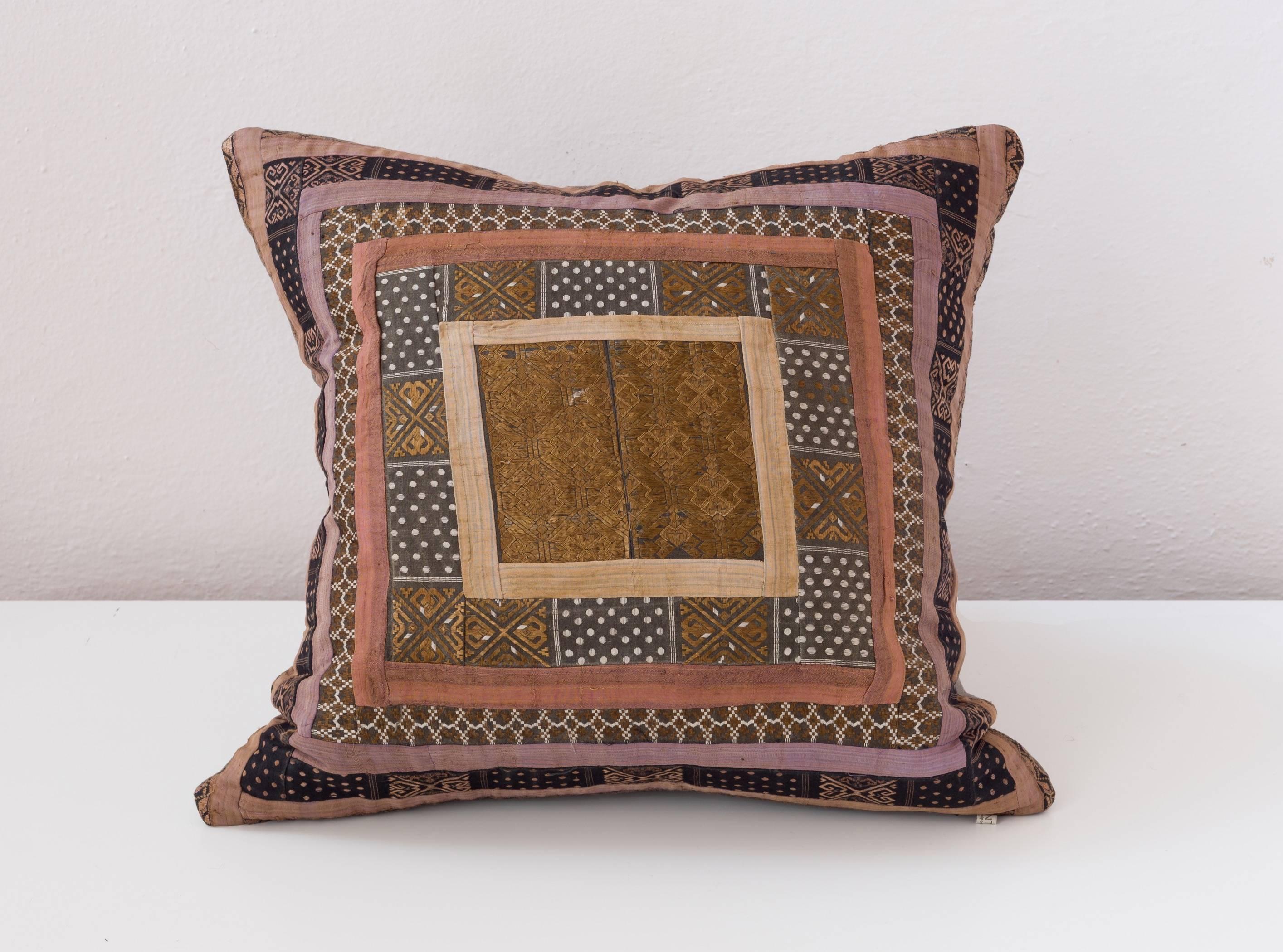 Embroidered Concentric Square Embroidery Pillow, Bronze Gold Mauve Black For Sale