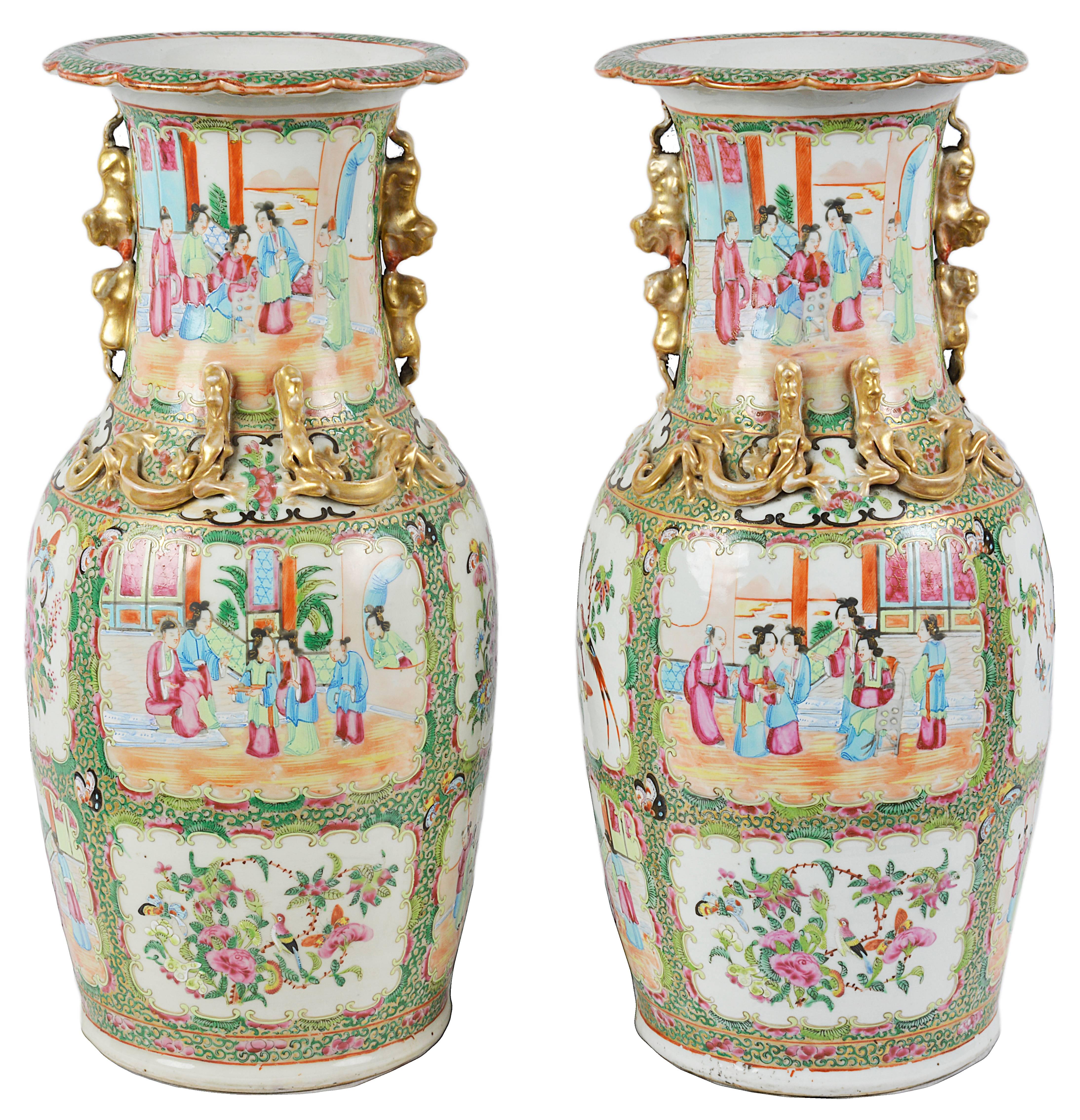 Pair of Antique Rose Medallion Canton Vases