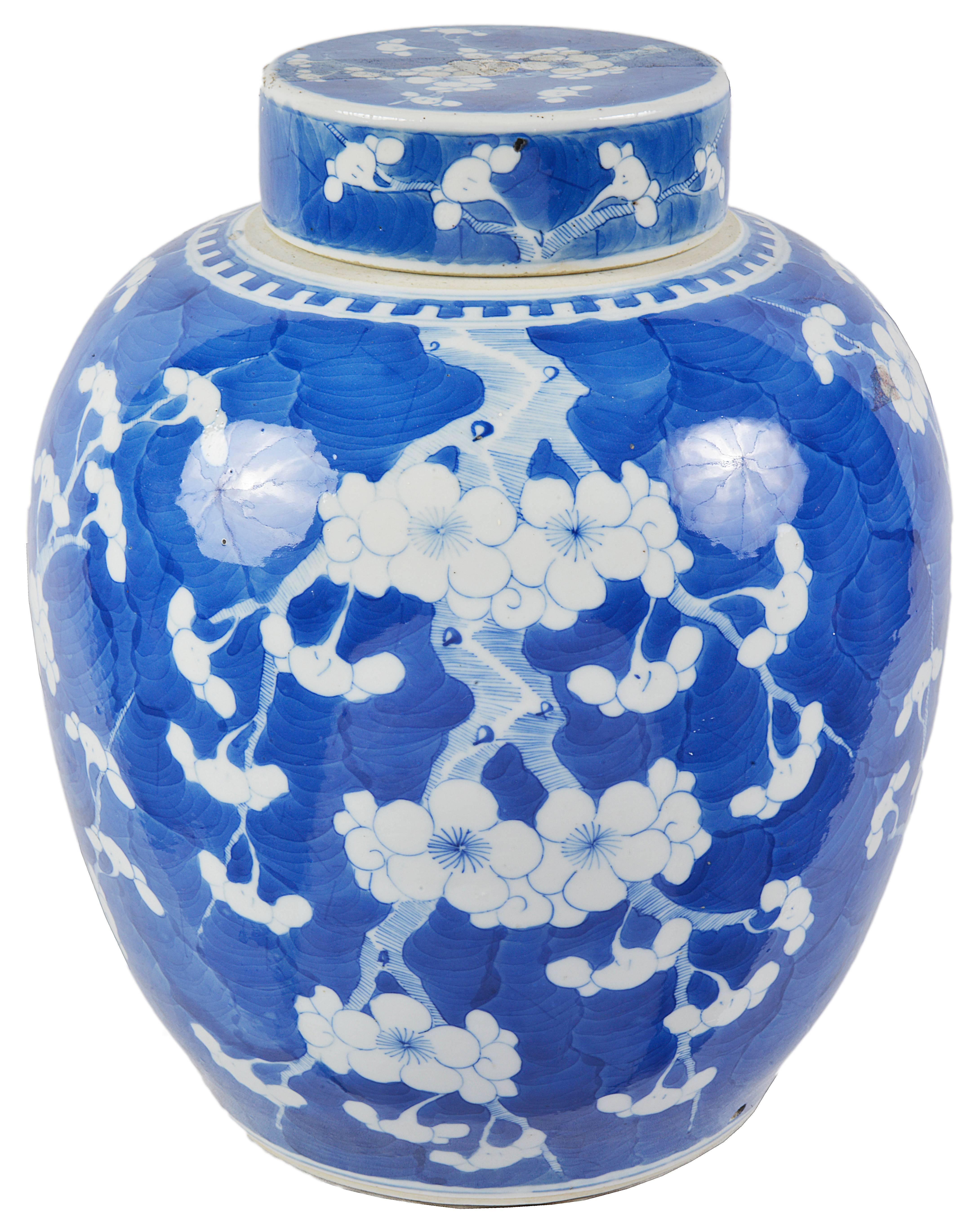 A good quality 19th century Chinese blue and white lidded prunes blossom ginger jar.