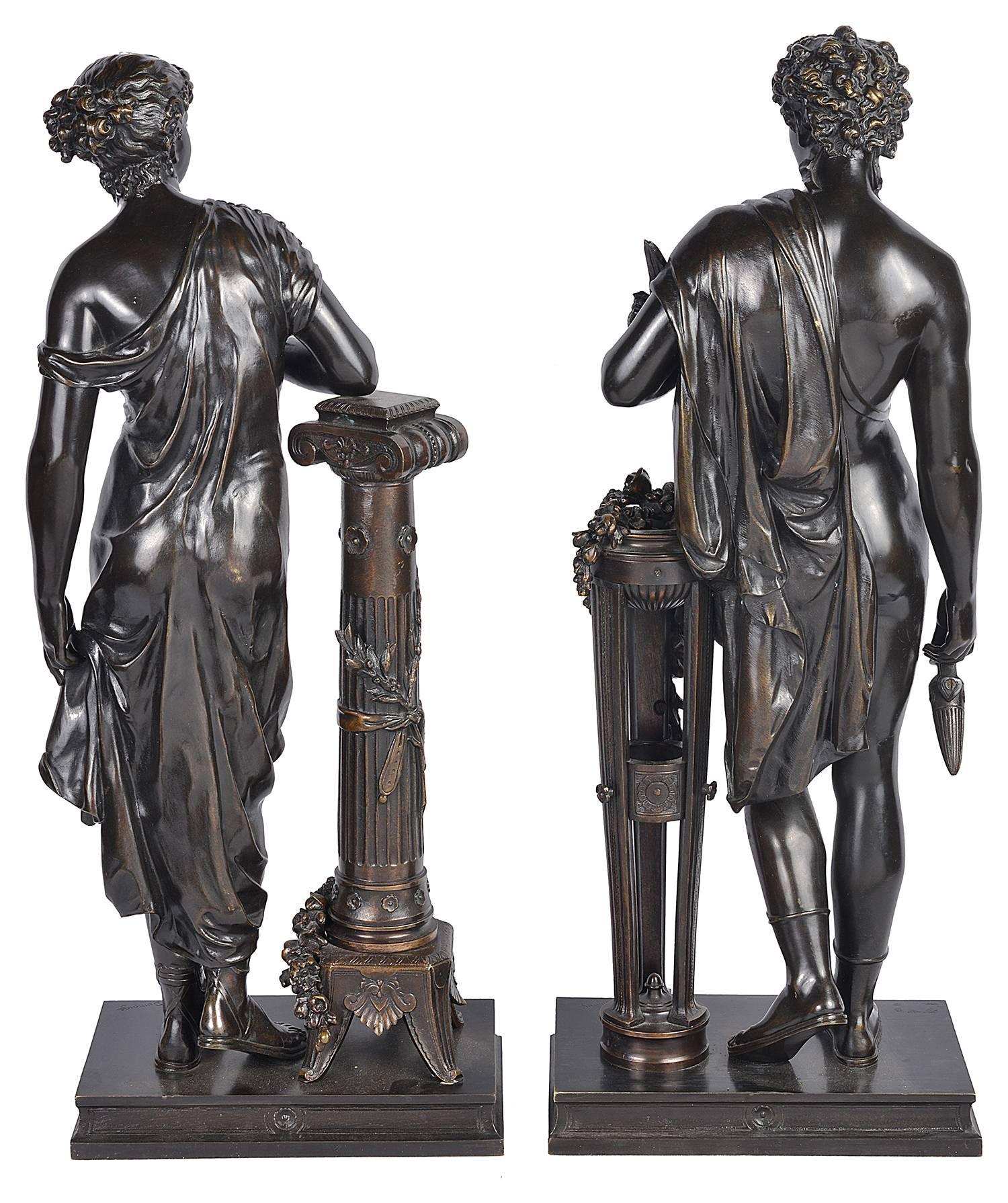 Pair of Classical Grecho Bronze Statues of Classical Females by Dumaige For Sale 2