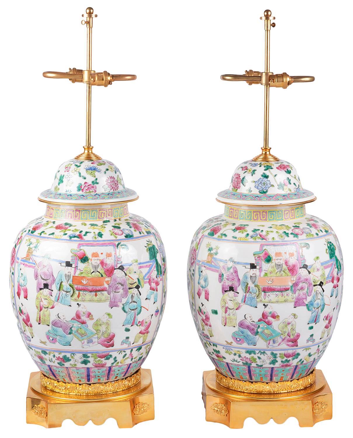 Hand-Painted Pair of 19th Century Chinese Famille Rose Vases or Lamps
