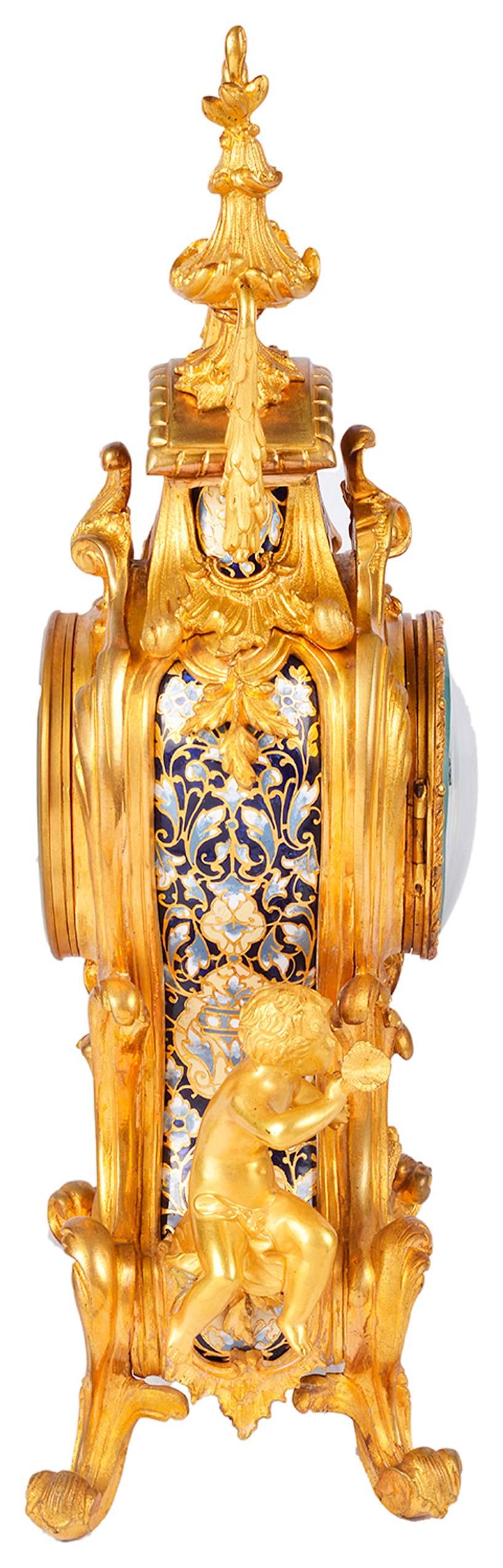19th Century Louis XVI Style Champleve Enamel Clock Set For Sale 4
