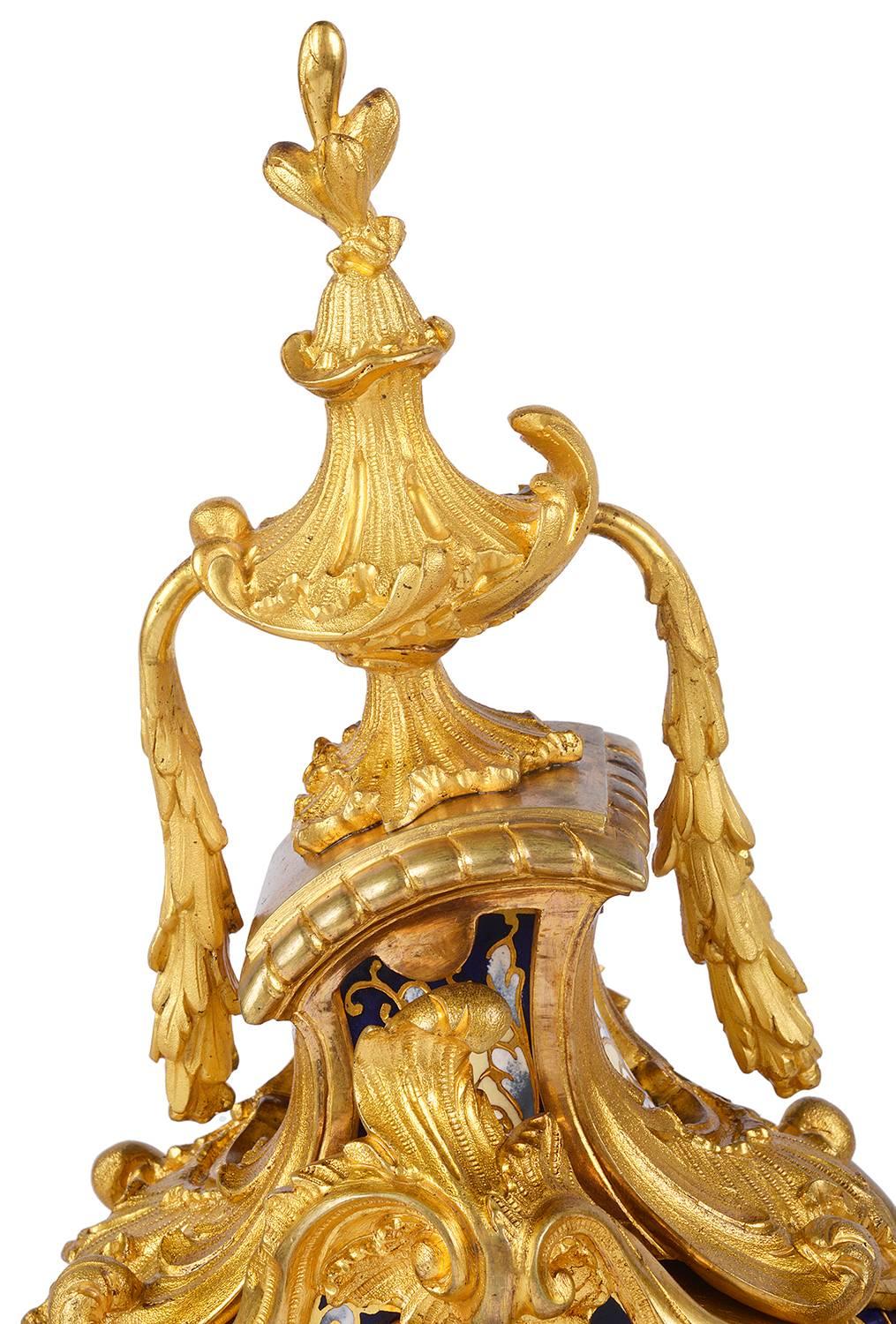 19th Century Louis XVI Style Champleve Enamel Clock Set For Sale 1
