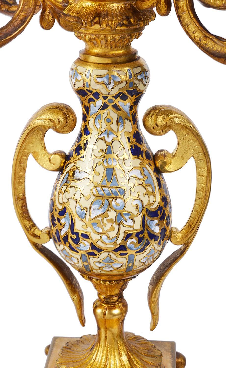 19th Century Louis XVI Style Champleve Enamel Clock Set For Sale 6