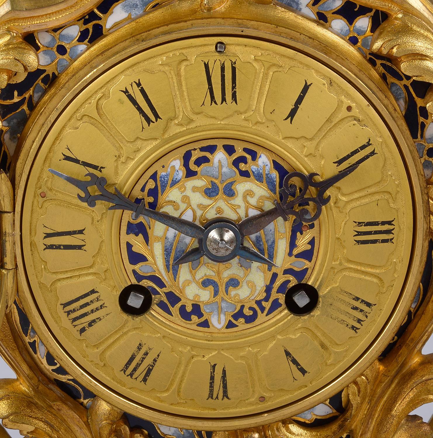 19th Century Louis XVI Style Champleve Enamel Clock Set In Excellent Condition For Sale In Brighton, Sussex