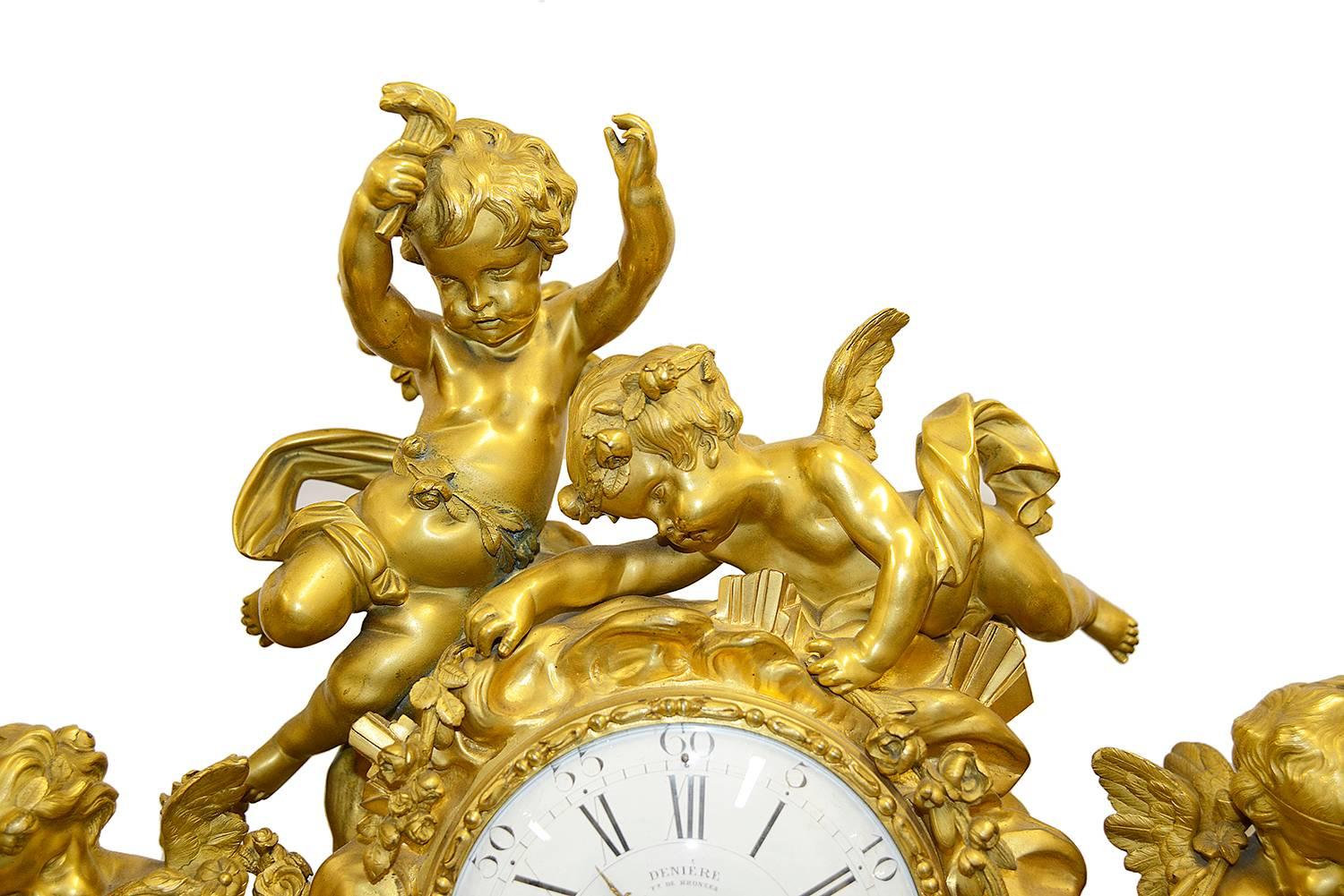 Gilt Large Louis XVI Style Ormolu Clock Set by Deniere