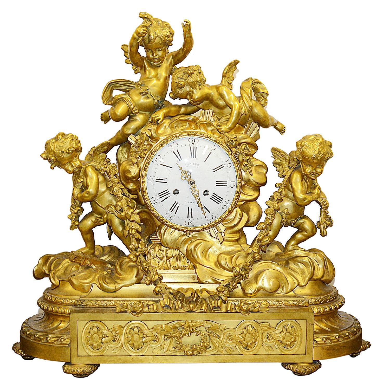 French Large Louis XVI Style Ormolu Clock Set by Deniere