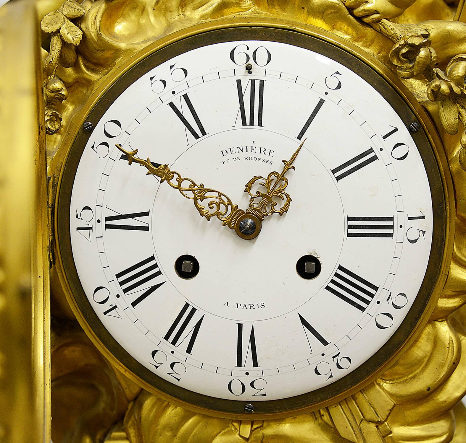 Large Louis XVI Style Ormolu Clock Set by Deniere In Excellent Condition In Brighton, Sussex