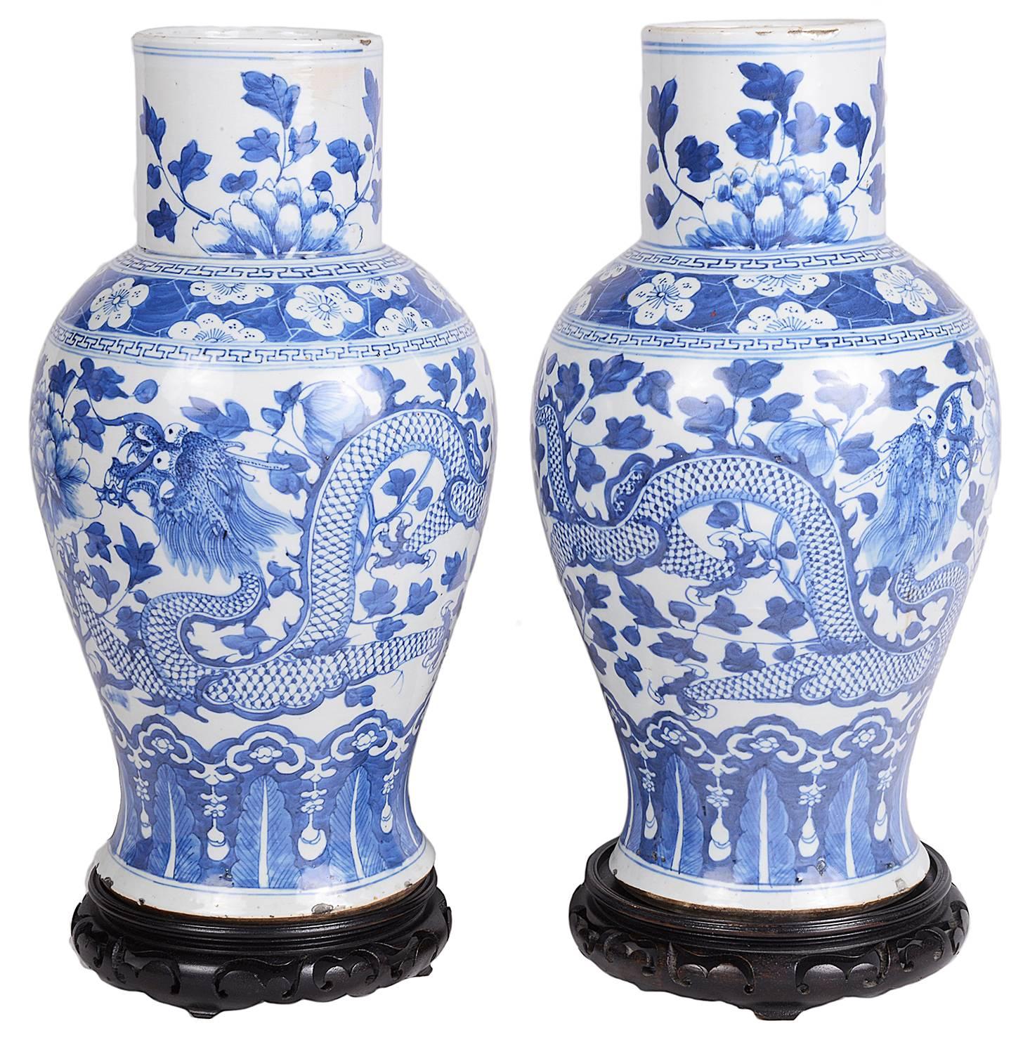 Pair Chinese 19th Century Blue and White Vase or Lamps