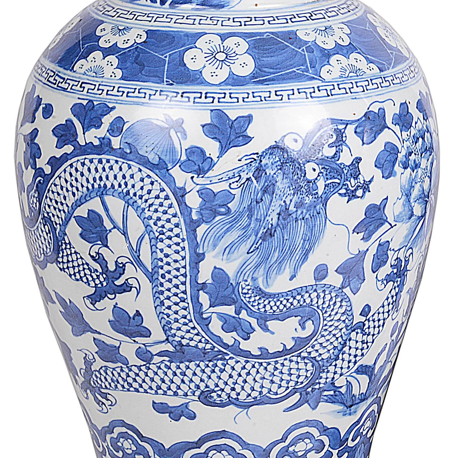 Chinese Export Pair Chinese 19th Century Blue and White Vase or Lamps