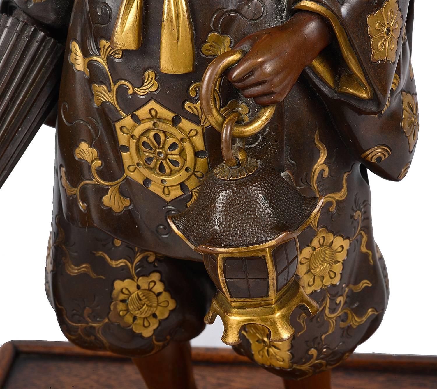 Cast Japanese Meiji Period Miyao Bronze Gentlemen with an Umbrella
