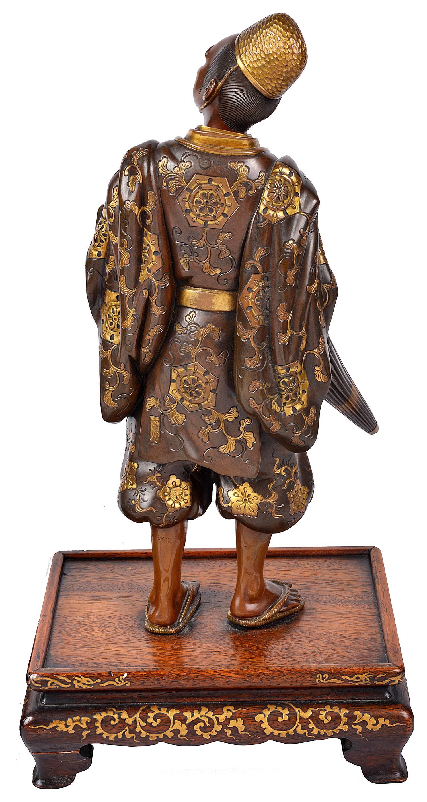 Japanese Meiji Period Miyao Bronze Gentlemen with an Umbrella In Excellent Condition In Brighton, Sussex