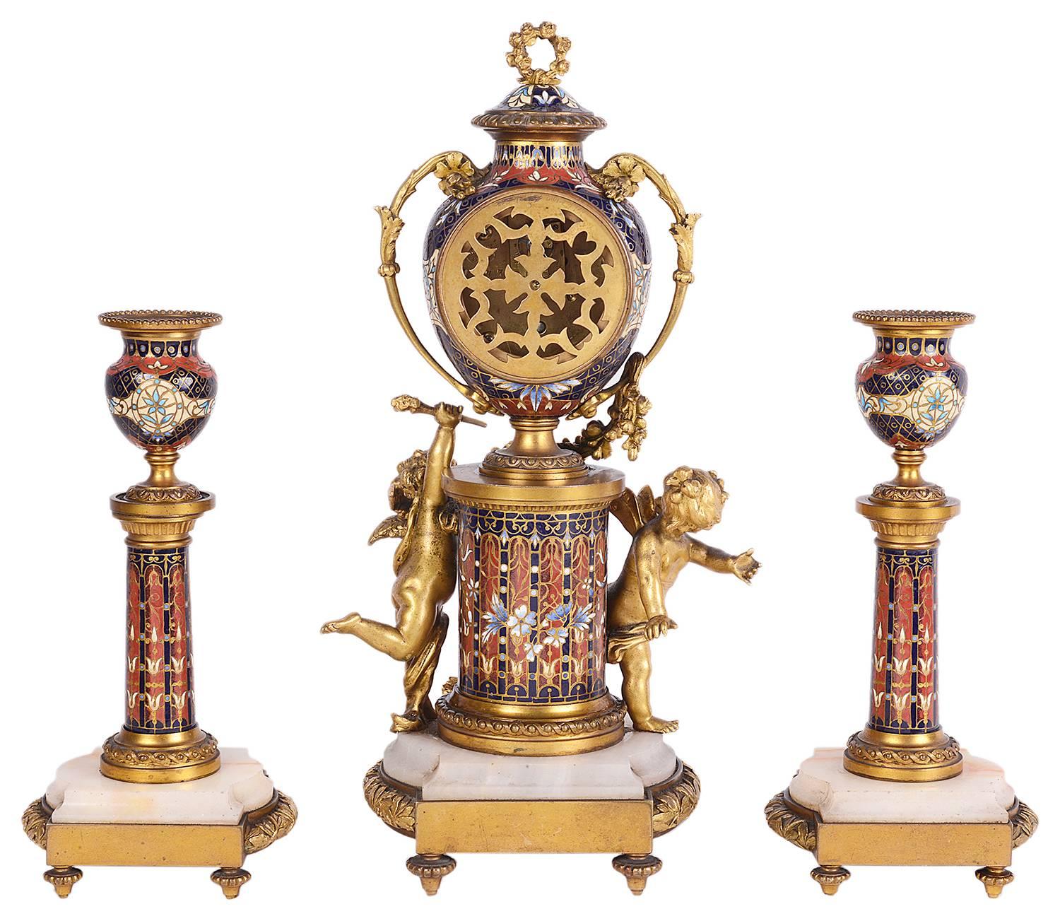 19th Century Fine Louis XVI Style Enamel Clock Set