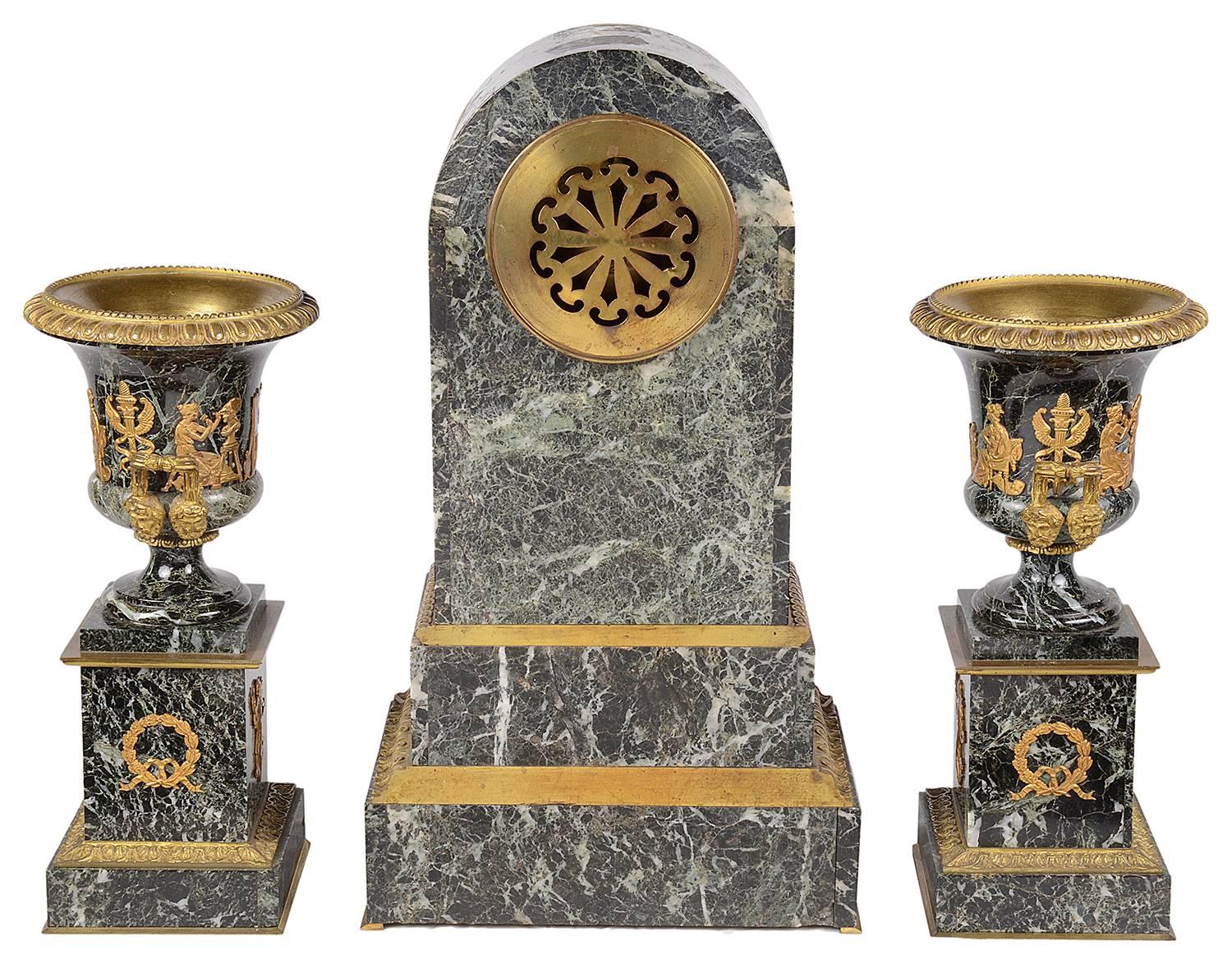 Ormolu French Empire Influenced Clock Set, 19th Century For Sale