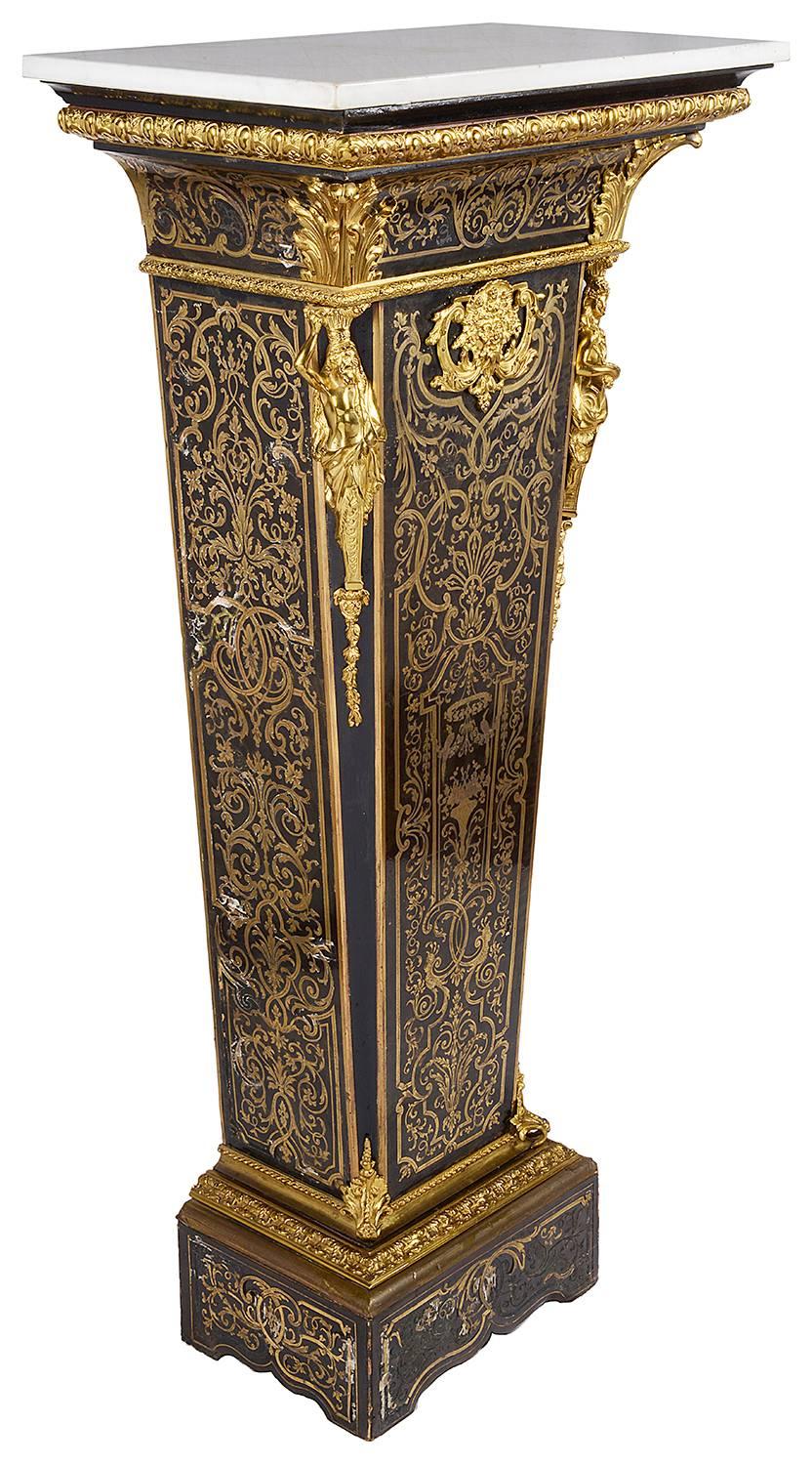 A very good quality French, 19th century Boulle inlaid pedestal, having gilded ormolu monopodia supports to either side, marble topped and a tapering form.