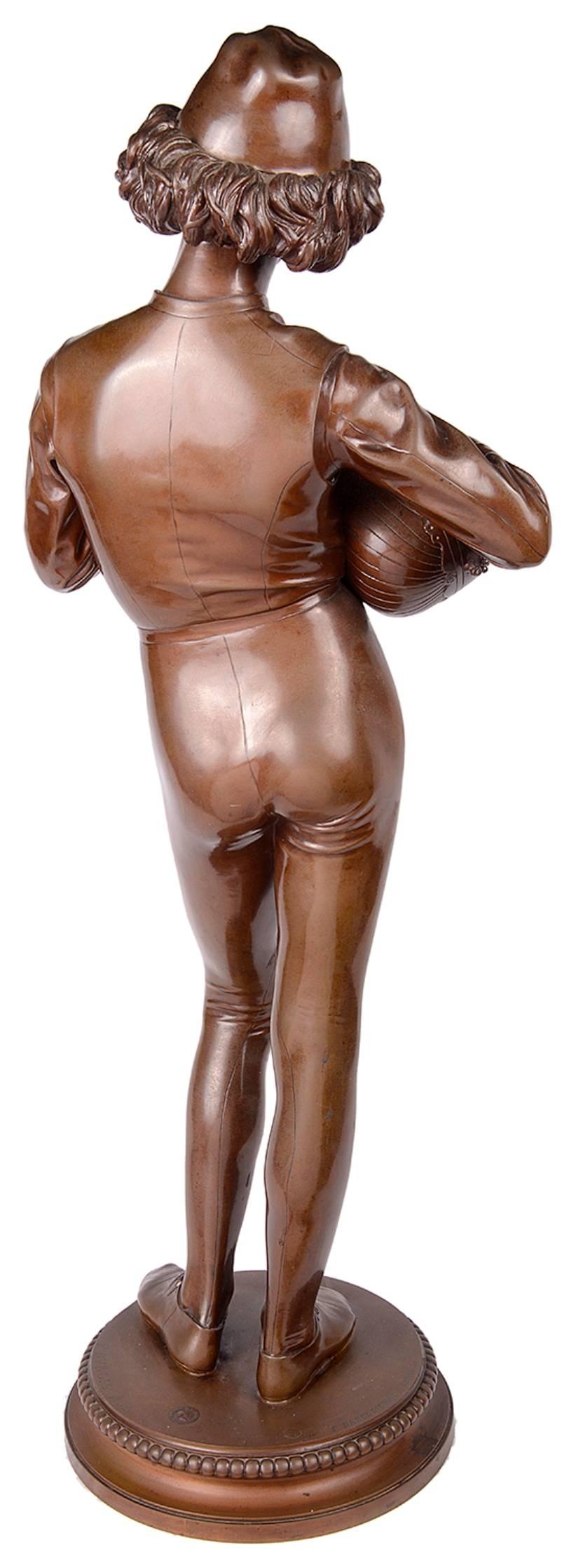 XIXe siècle Barbedienne, statue en bronze d'un minstrel du 19ème siècle en vente