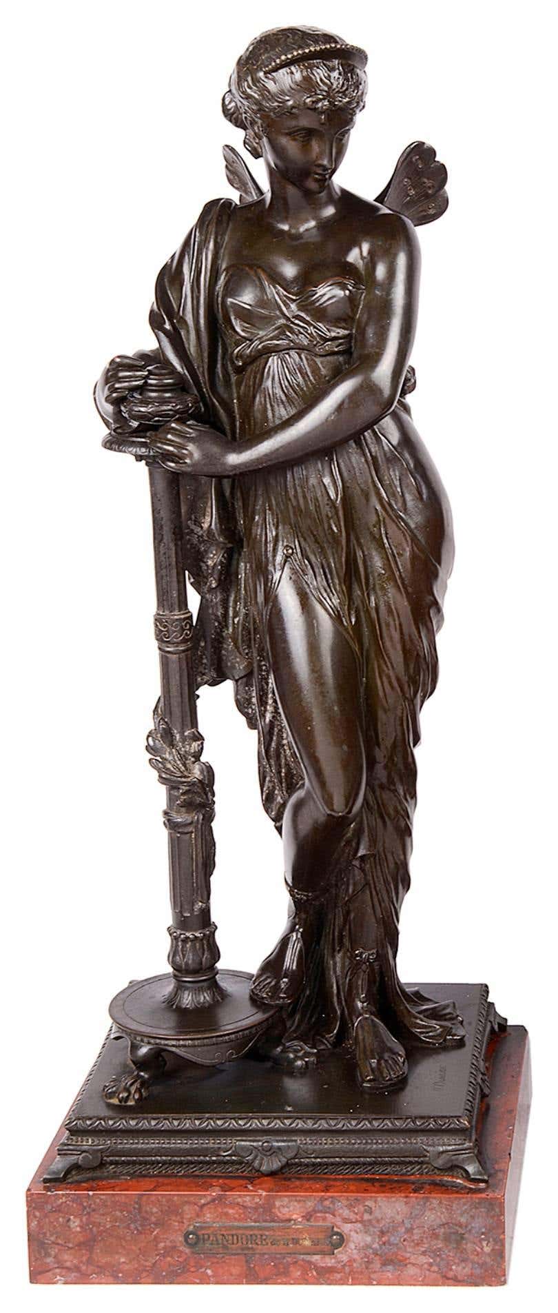 Greco Roman Psyche and Pandora Classical Bronze Statues, 19th Century, Signed H. Dumaige For Sale